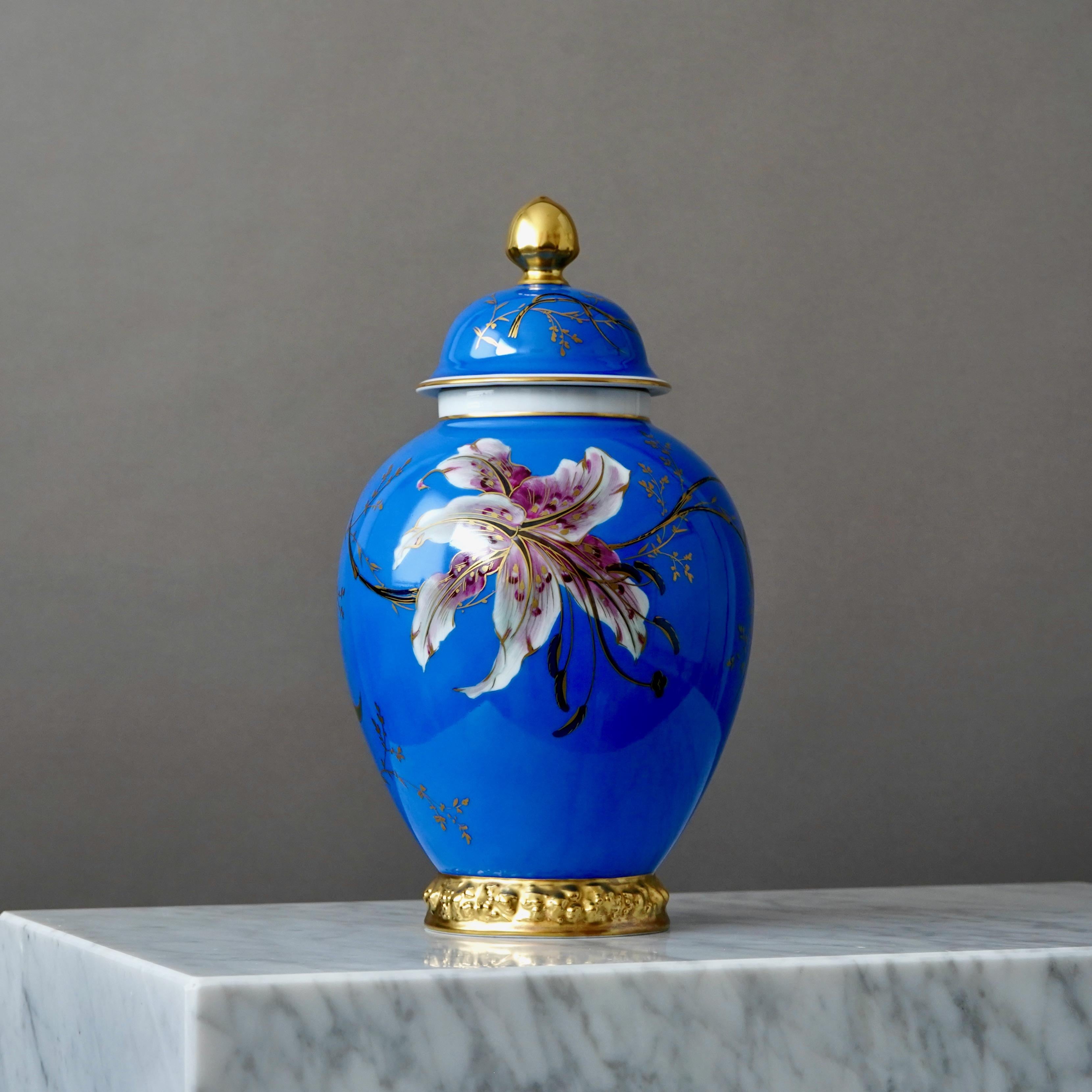 Glazed Blue Hand-Painted Rosenthal Art Deco Lidded Jar with Orchids. Germany, 1930s For Sale