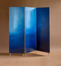 Blue Hand-Painted Screen with Sculptural Brass Frame by Jan Garncarek