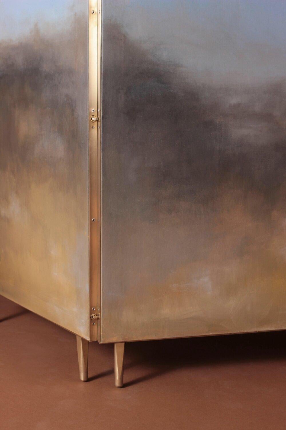 Blue Hand-Painted Screen with Sculptural Brass Frame by Jan Garncarek For Sale 5