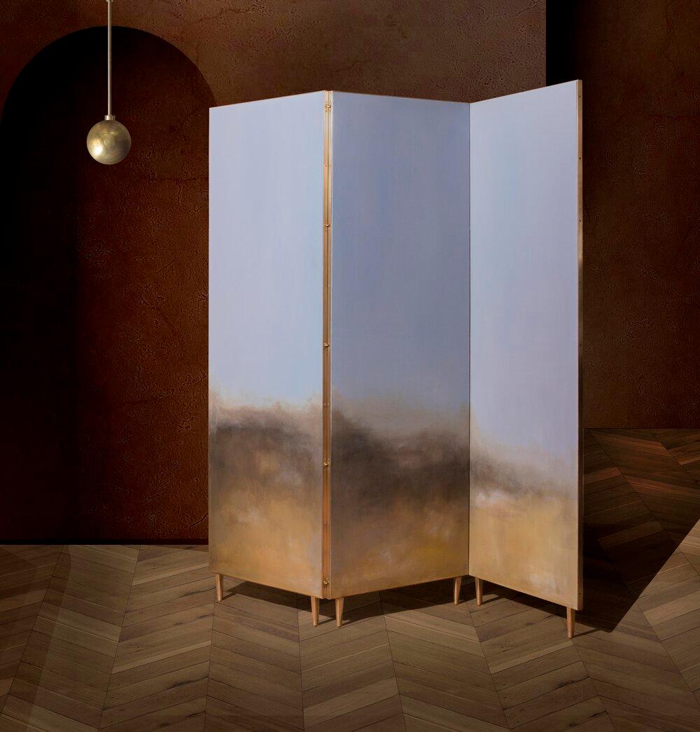 Blue Hand-Painted Screen with Sculptural Brass Frame by Jan Garncarek For Sale 3