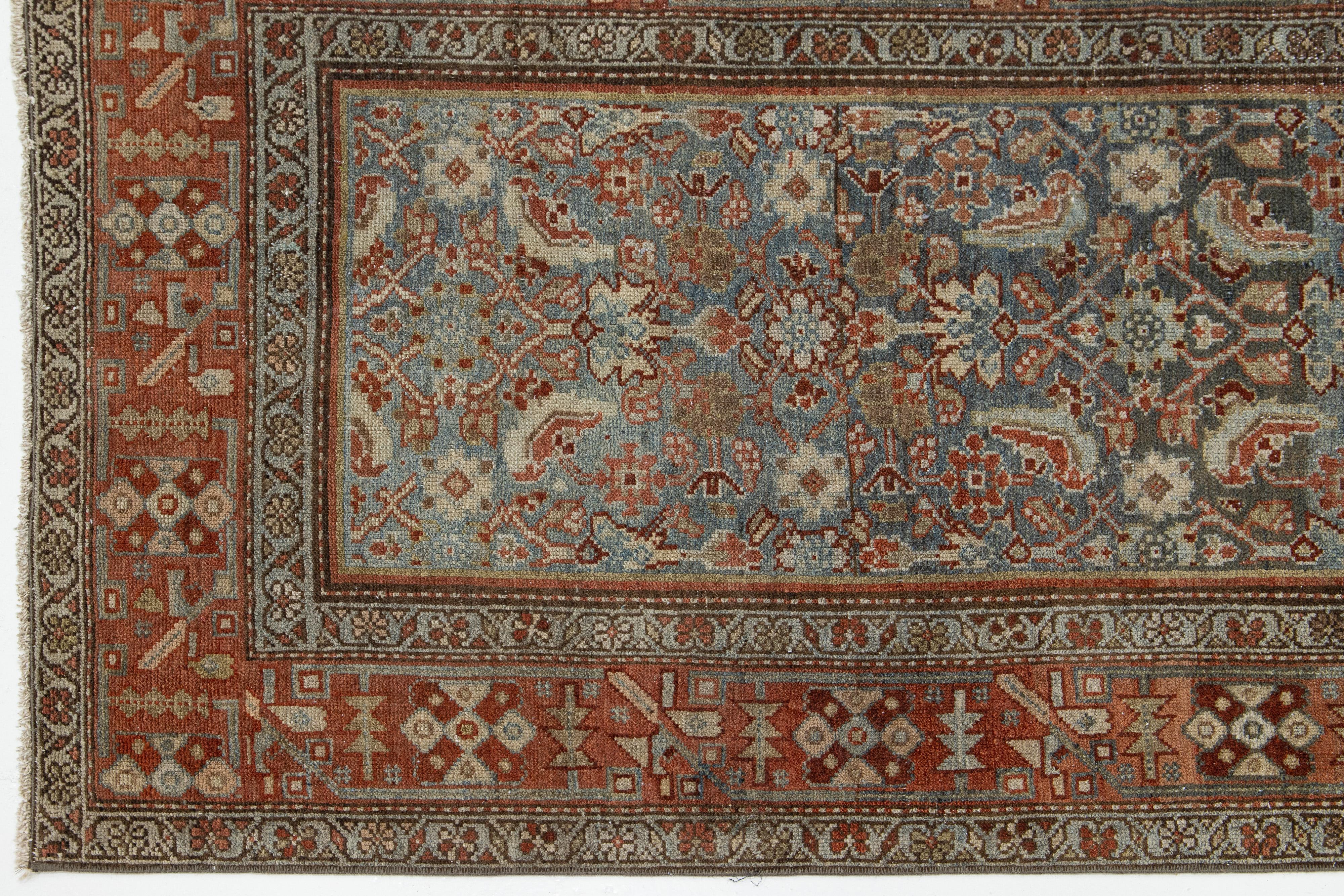 Laine Tapis de couloir Malayer bleu ancien fait à la main avec motif sur toute la surface en vente