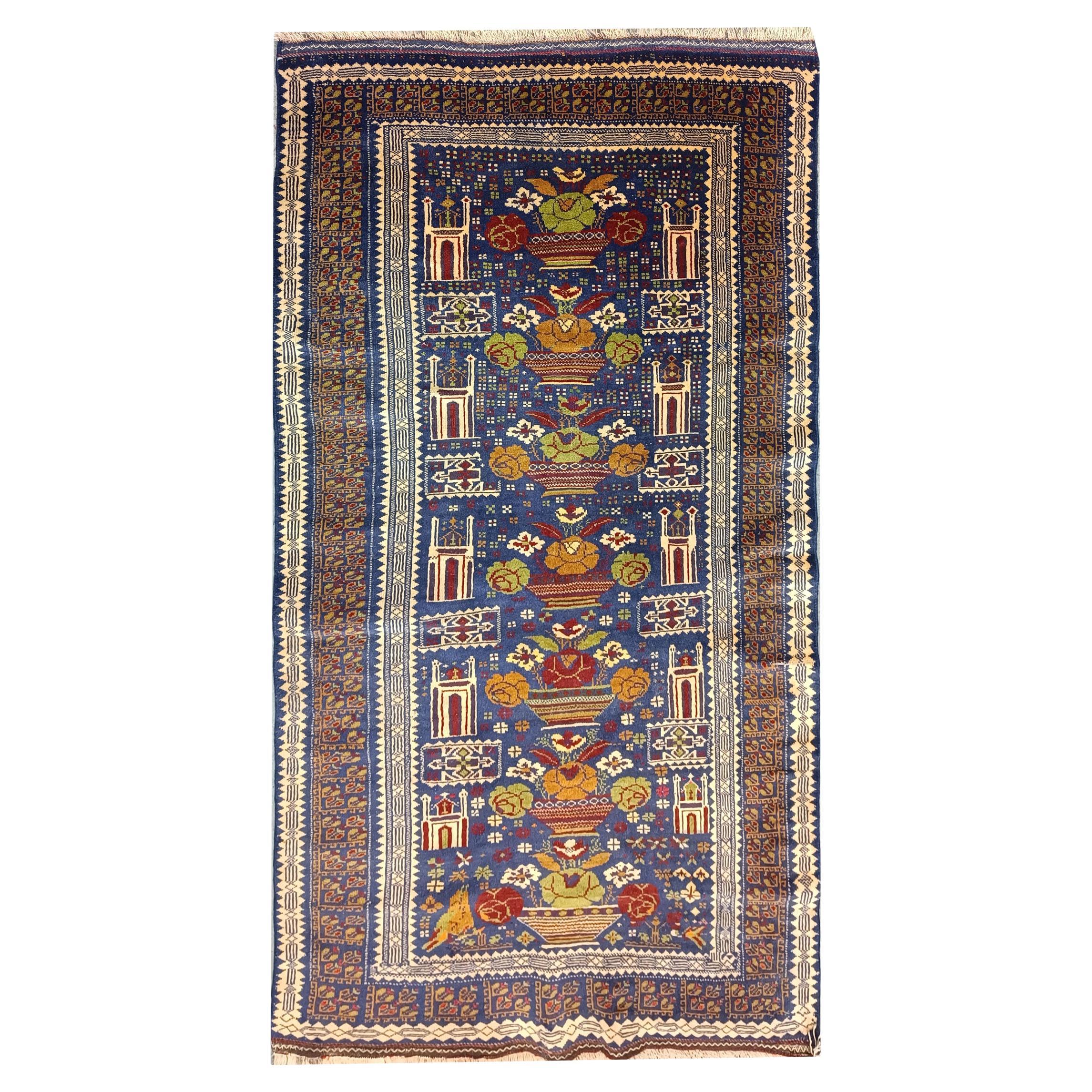 Blue Handmade Carpet Balouch Area Rug, Persian Rustic Vintage Rug Animal Pattern