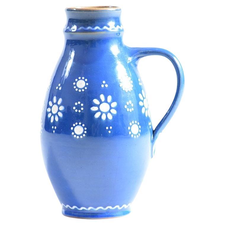Blue Handmade Ceramic Jug Or Vase Slovakian Folk Art, circa 1950 For Sale