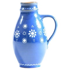 Blue Handmade Ceramic Jug Or Vase Slovakian Folk Art, circa 1950