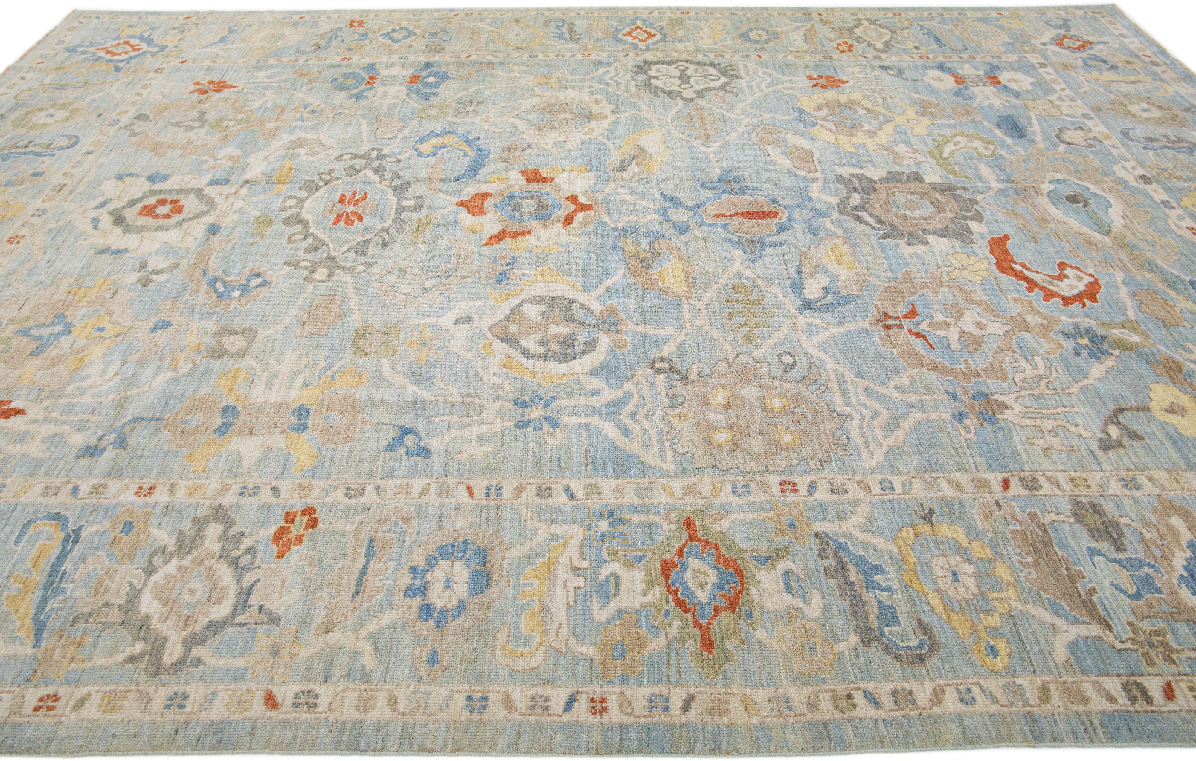 Hand-Knotted Blue Handmade Modern Sultanabad Wool Rug with Allover Pattern For Sale