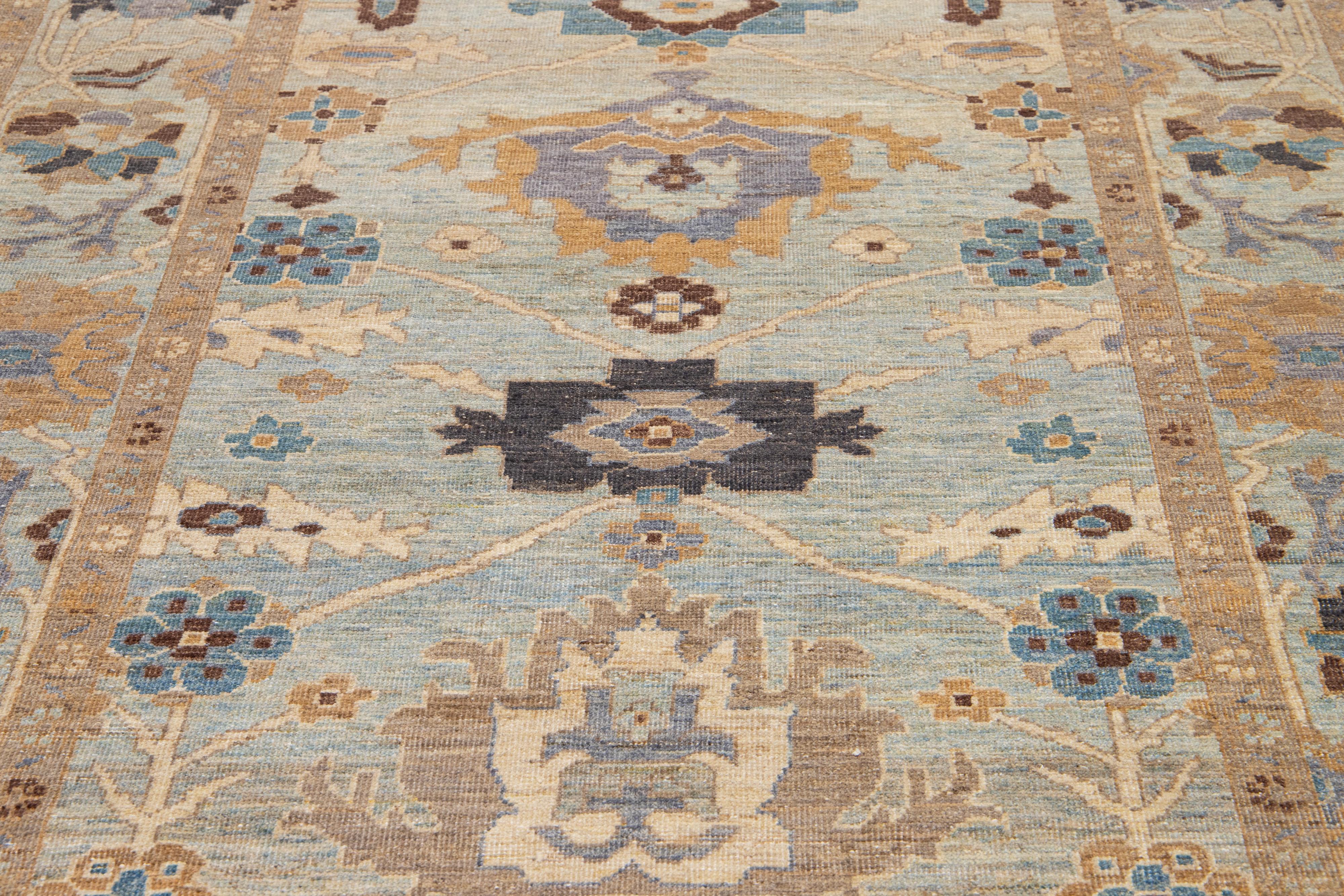 Blauer handgefertigter moderner Sultanabad-Wollteppich mit Blumenmotiv aus Blau (21. Jahrhundert und zeitgenössisch) im Angebot