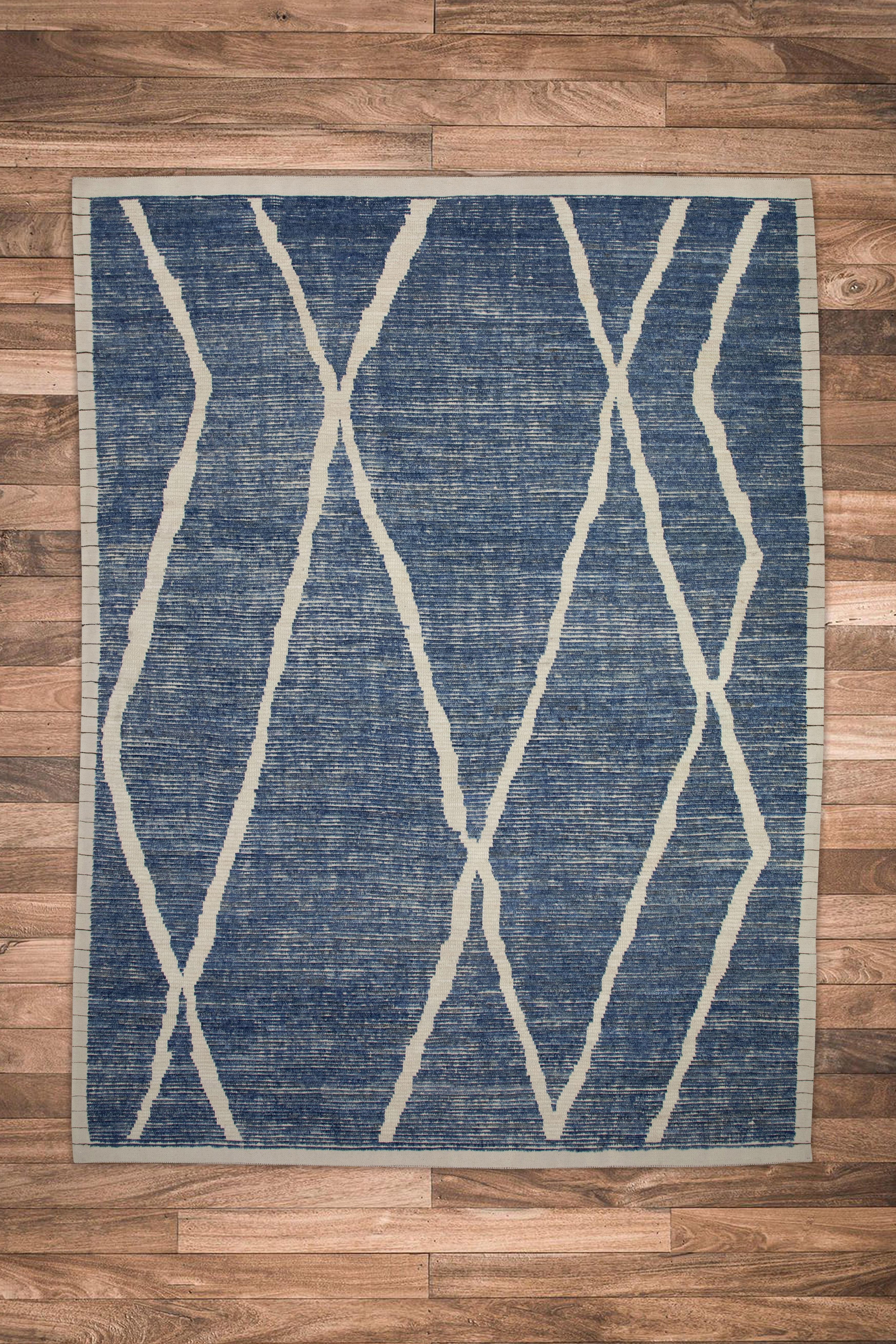 Blauer handgefertigter Tulu-Teppich aus Wolle in geometrischem Design 7'10