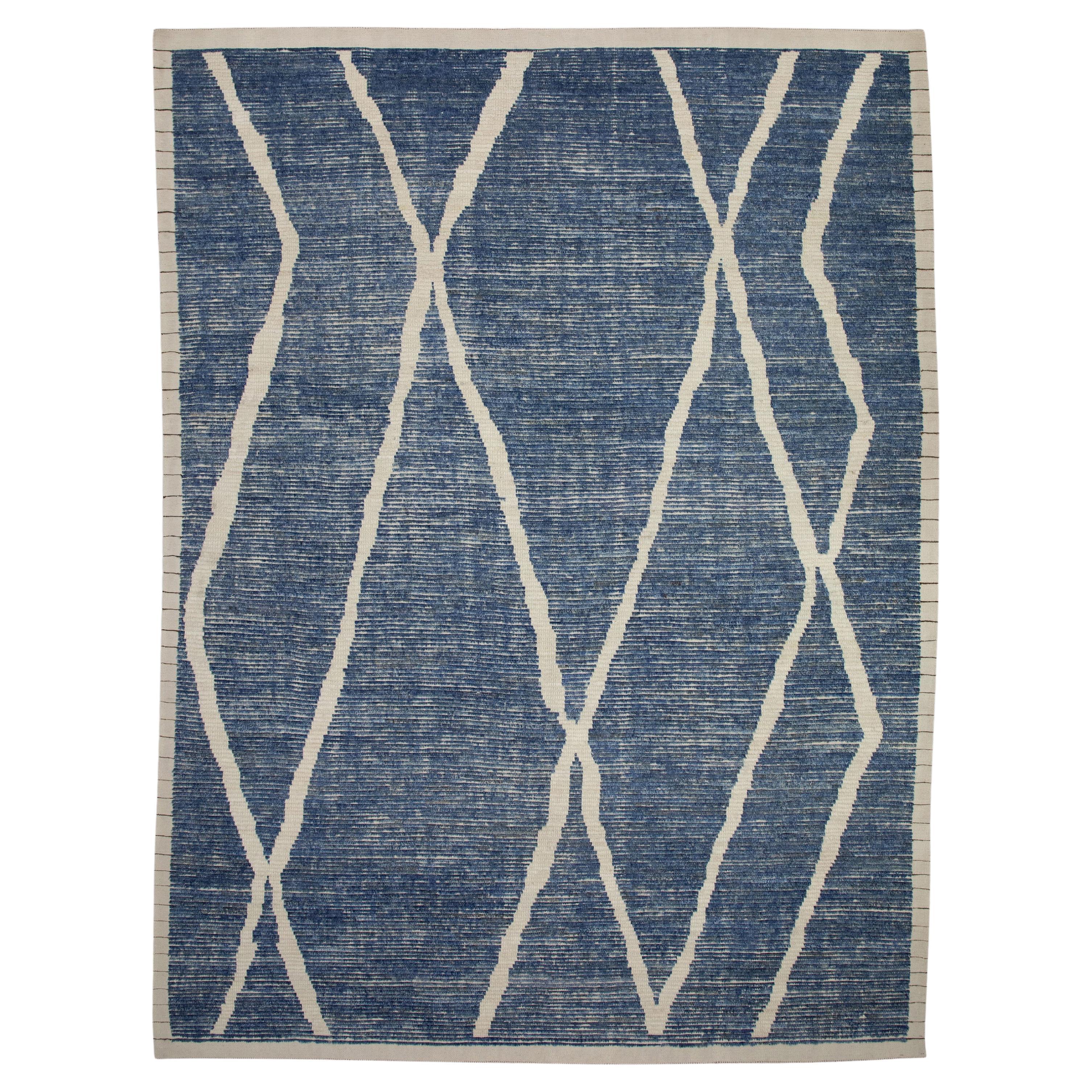 Blue Handmade Wool Tulu Rug in Geometric Design 7'10" x 10'2"