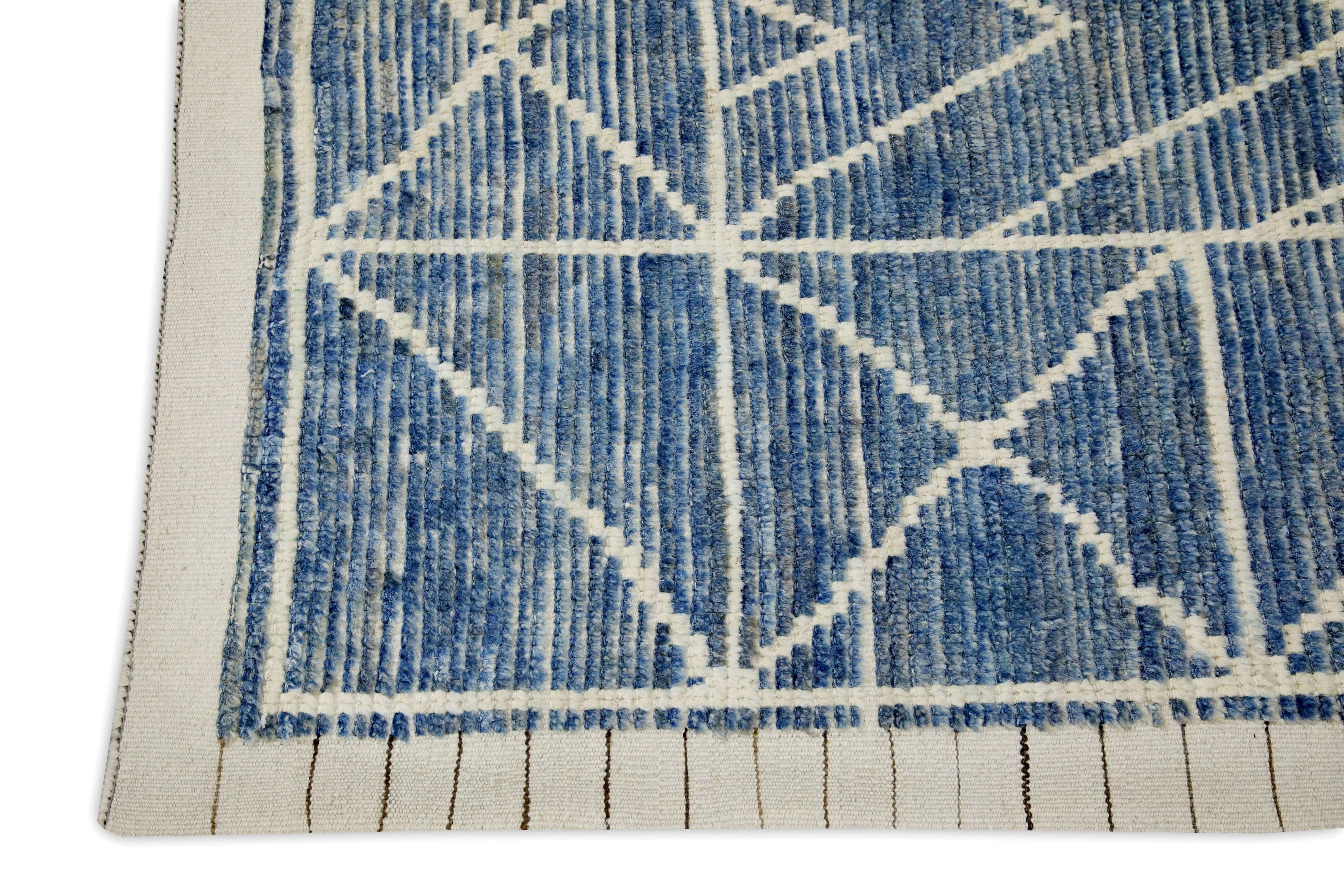 Modern Blue Handmade Wool Tulu Rug in Geometric Design 7'11