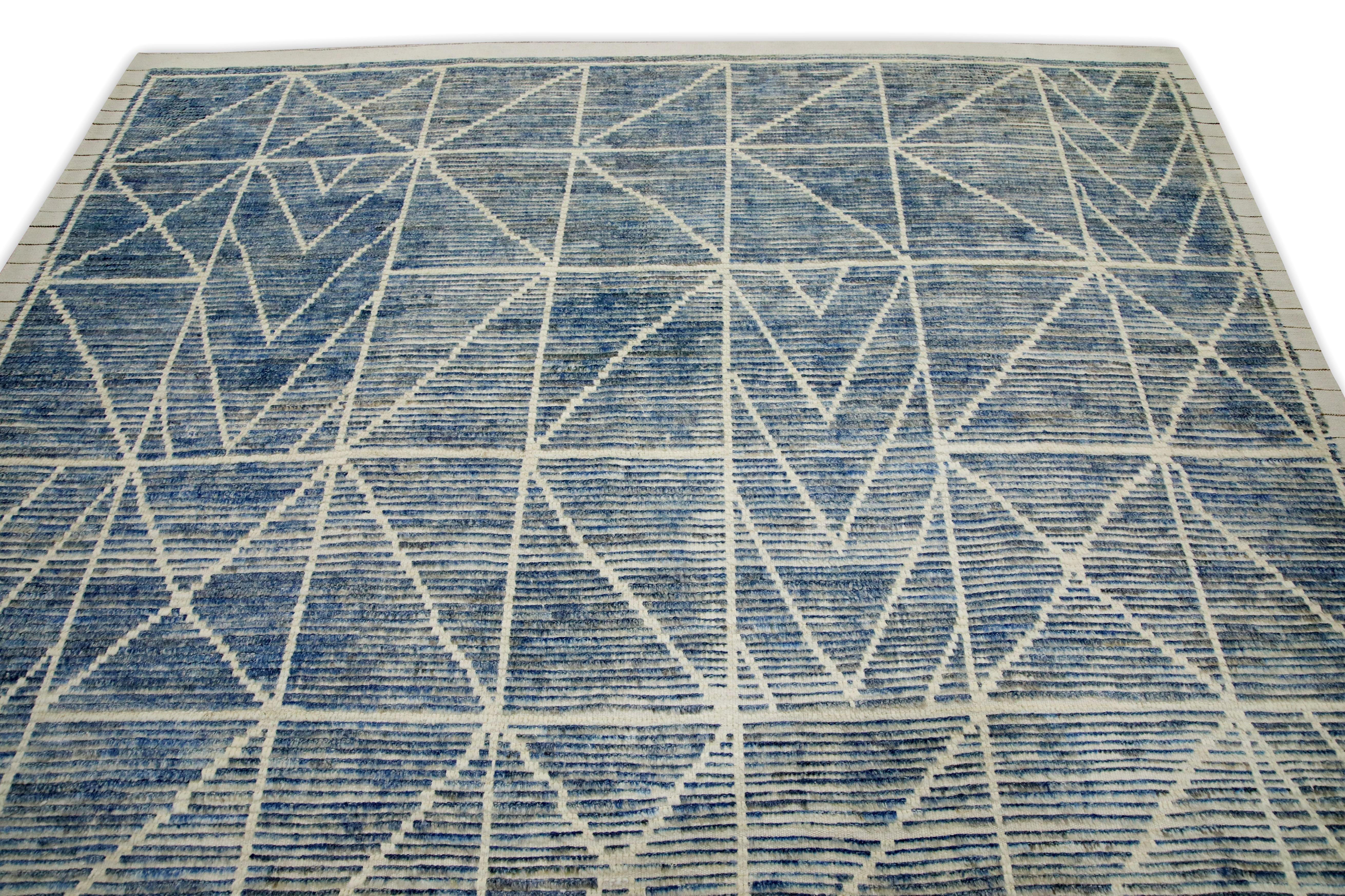 Turkish Blue Handmade Wool Tulu Rug in Geometric Design 7'11
