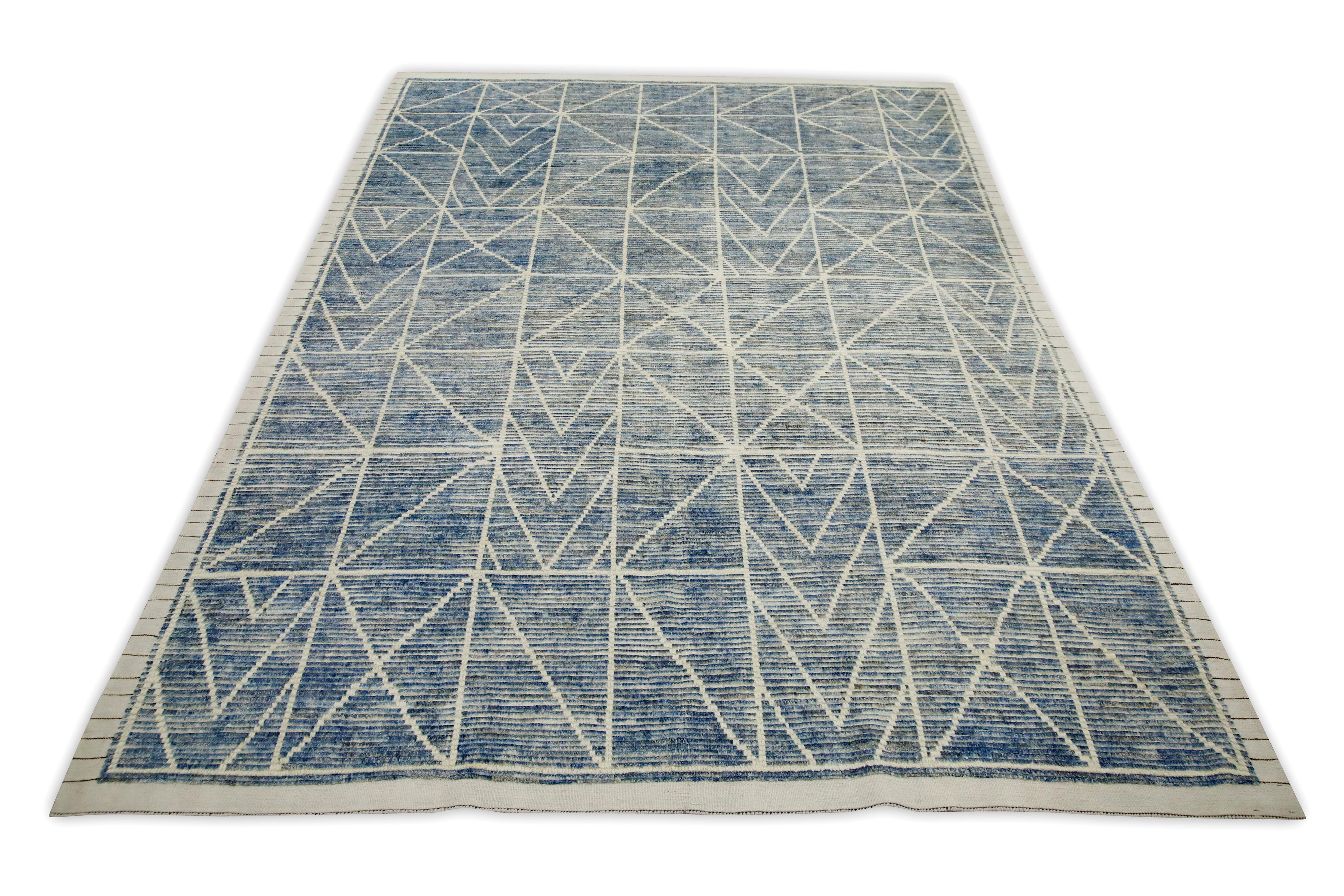 Blue Handmade Wool Tulu Rug in Geometric Design 7'11