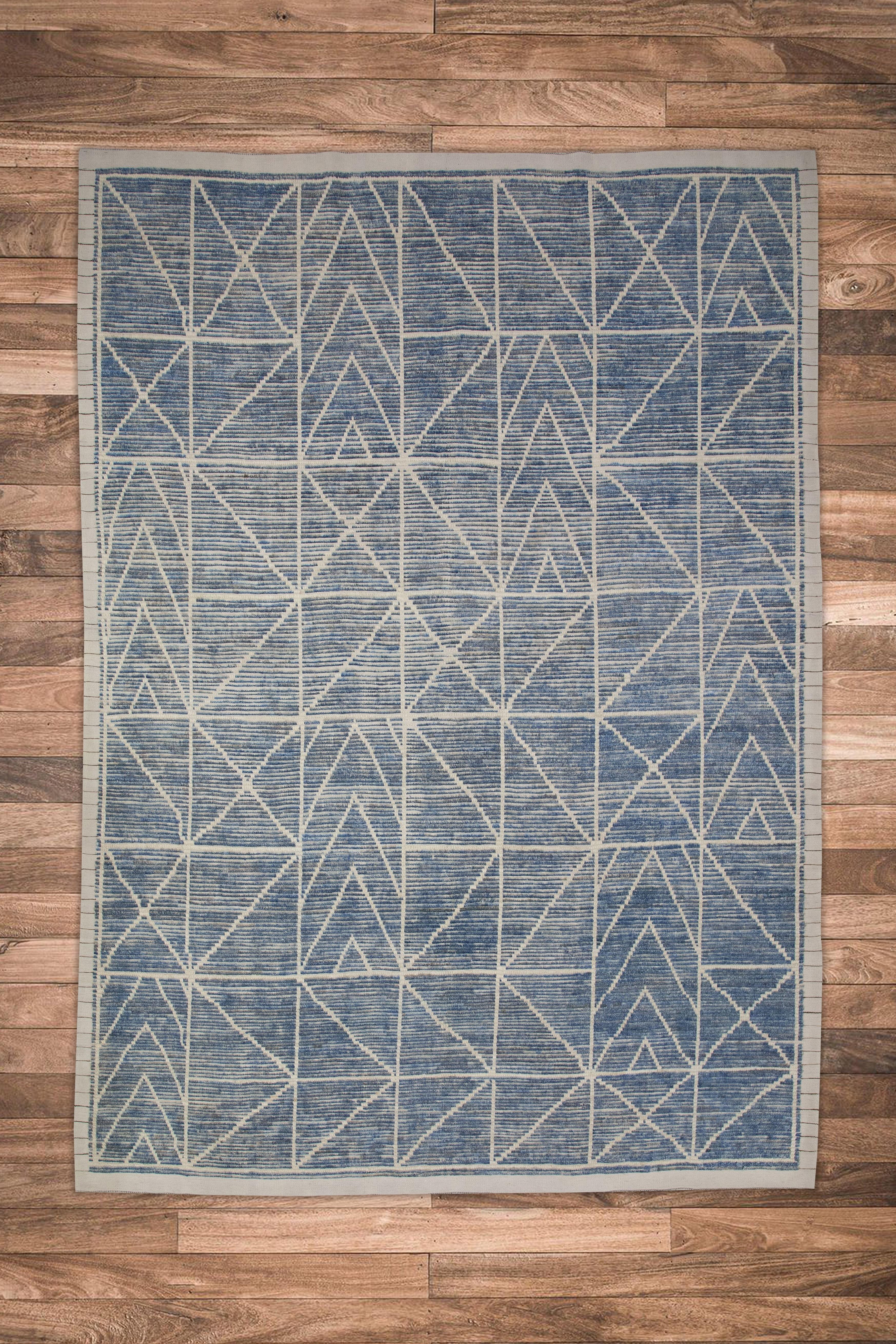 Contemporary Blue Handmade Wool Tulu Rug in Geometric Design 7'11