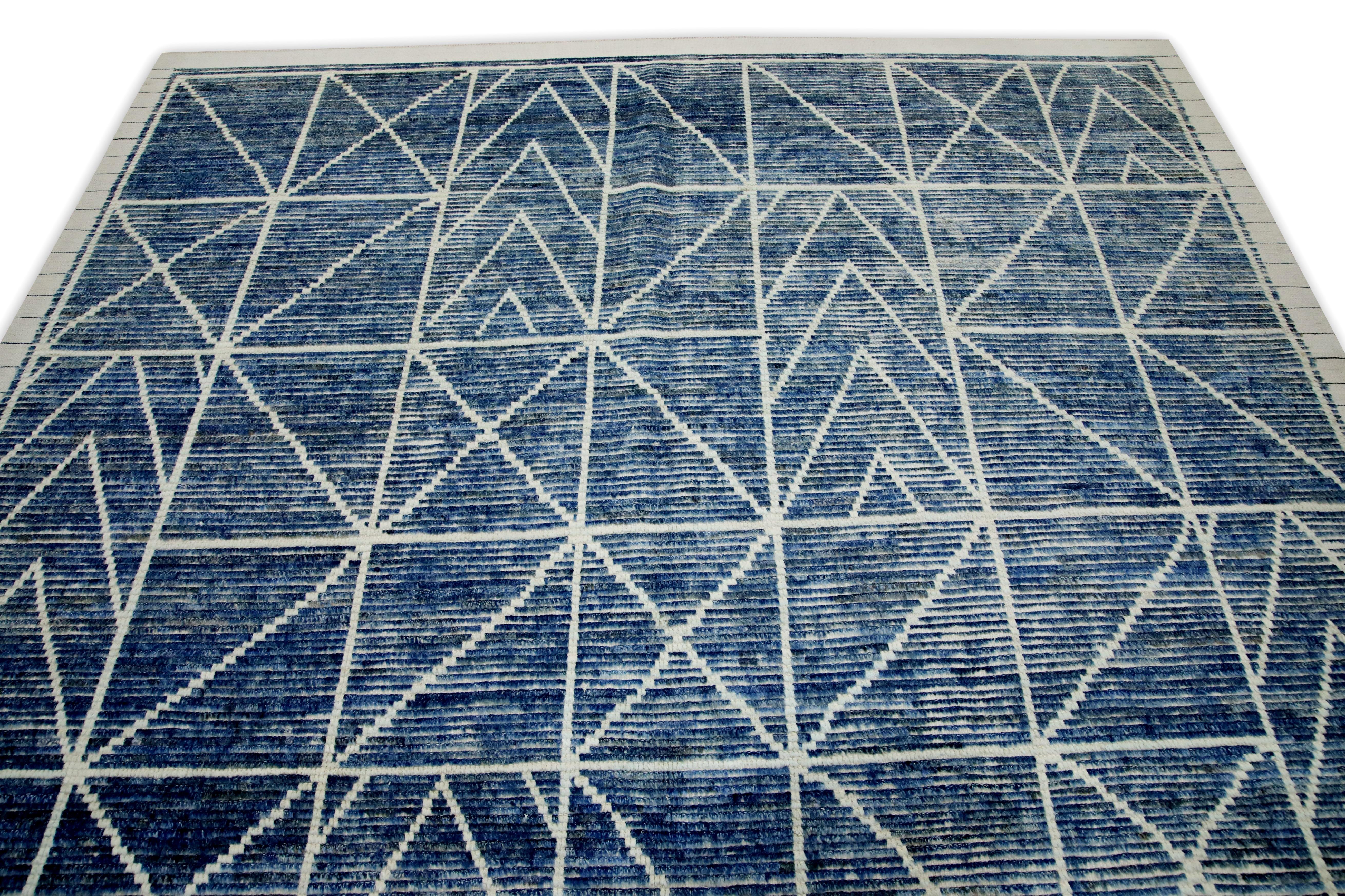 Turkish Blue Handmade Wool Tulu Rug in Geometric Design 8' x 10'4