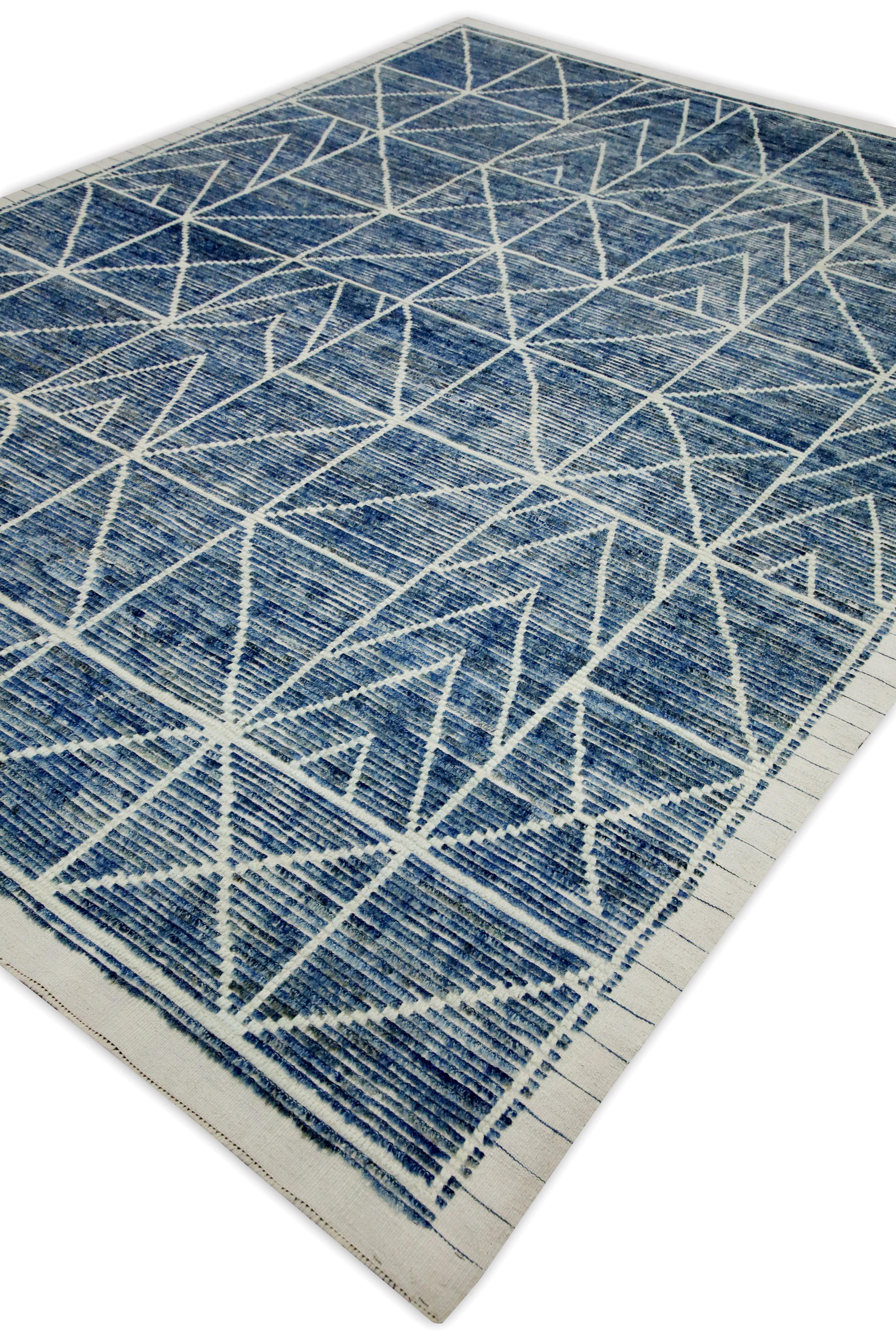 Blauer handgefertigter Tulu-Teppich aus Wolle in geometrischem Design 8' x 10'4