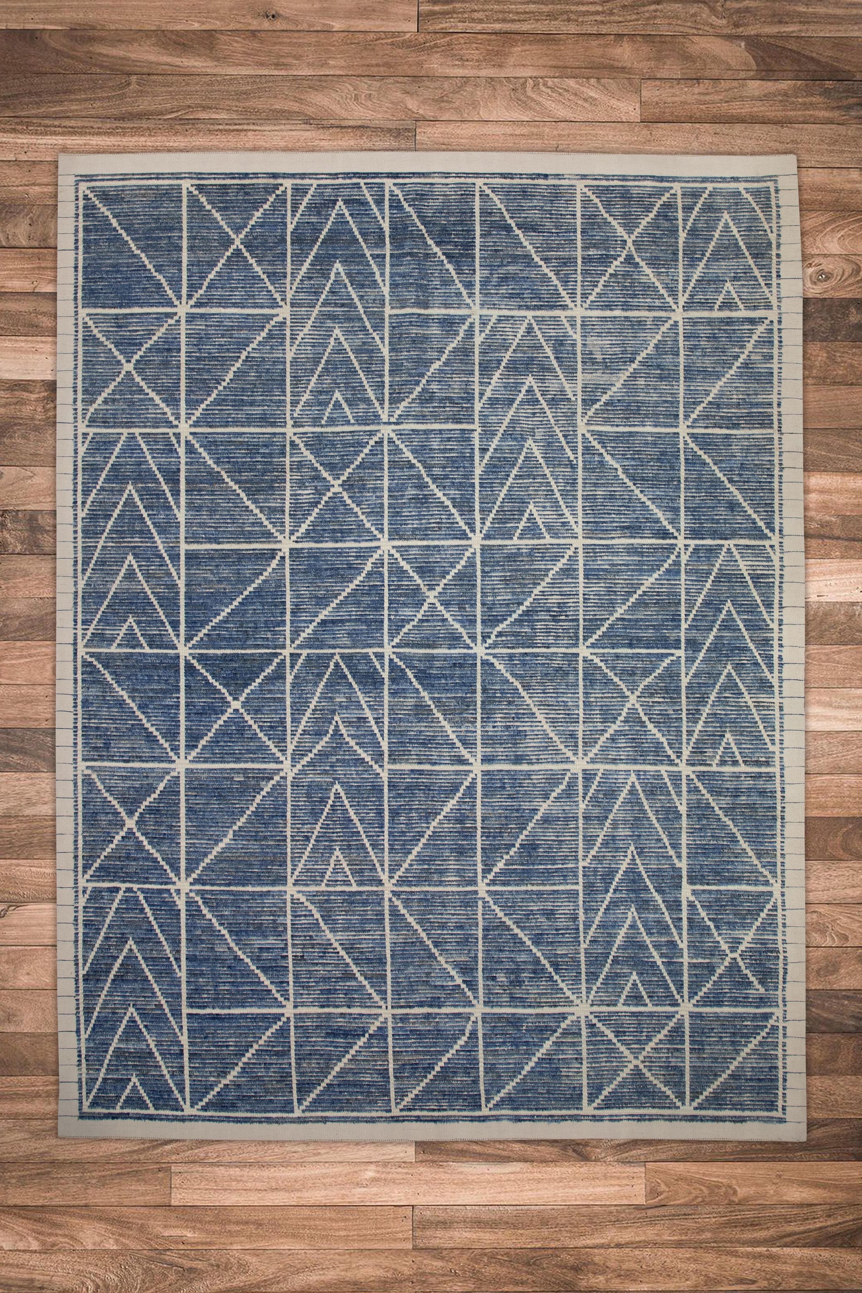 Contemporary Blue Handmade Wool Tulu Rug in Geometric Design 8' x 10'4