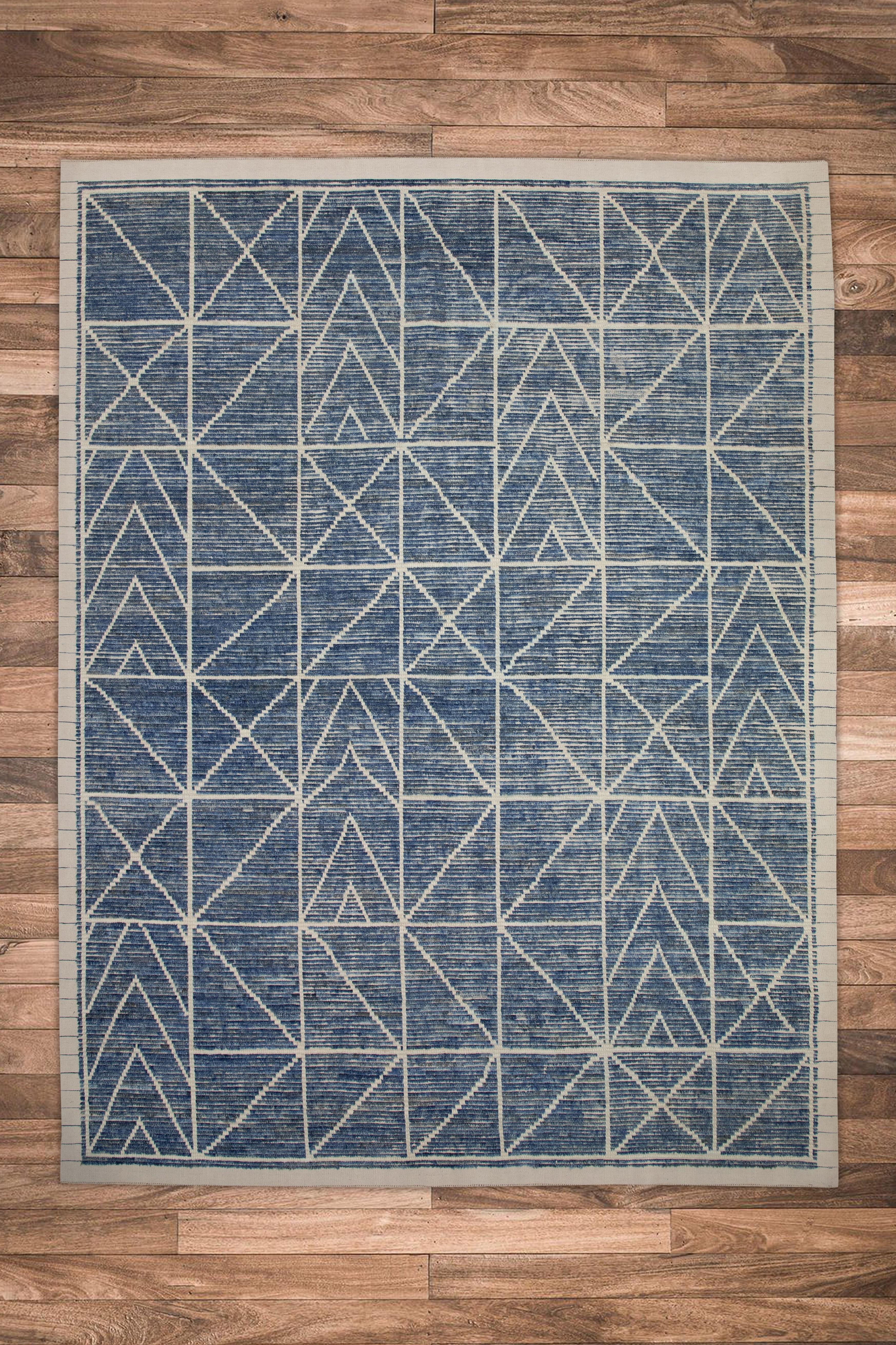 Blauer handgefertigter Tulu-Teppich aus Wolle in geometrischem Design 8' x 10'4