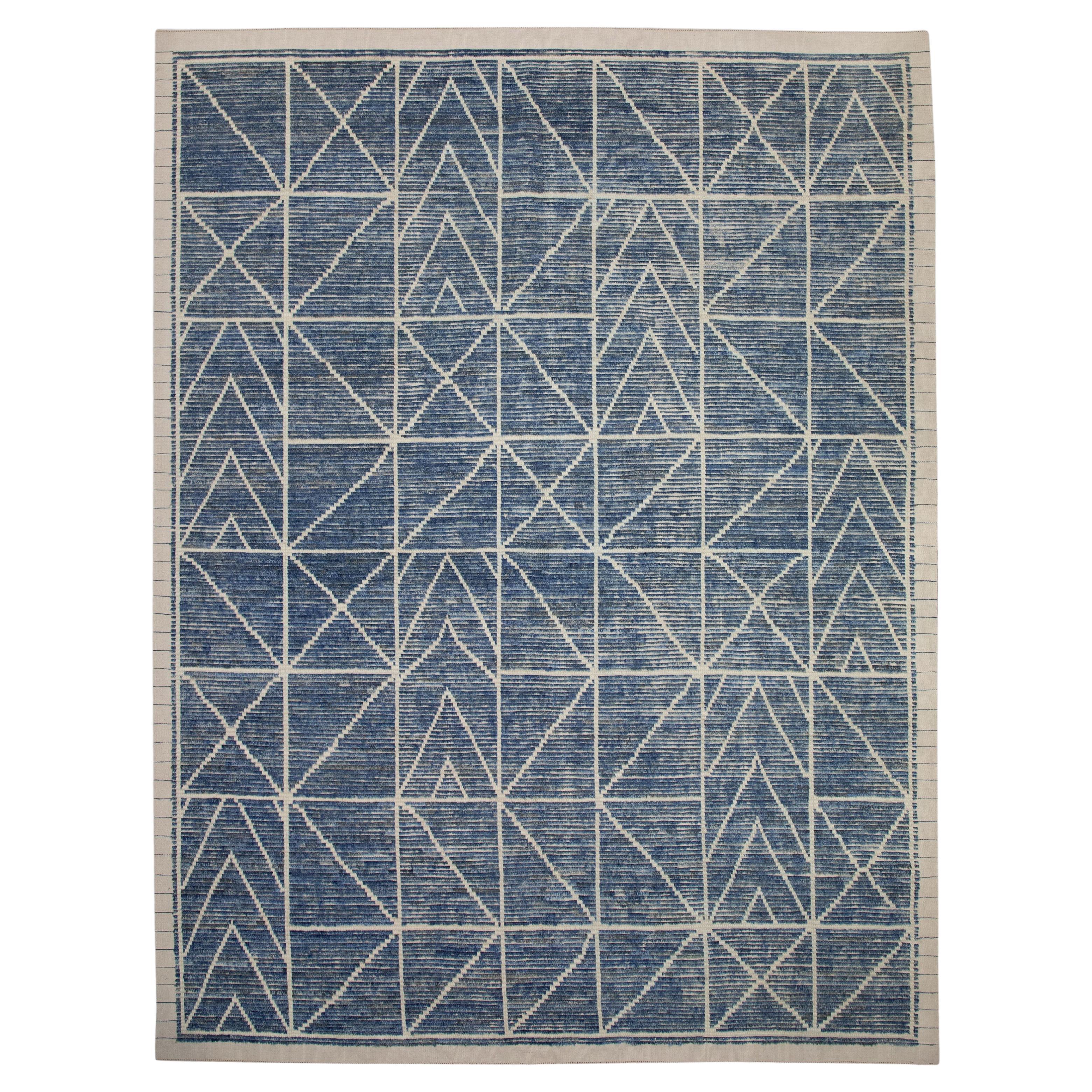 Blue Handmade Wool Tulu Rug in Geometric Design 8' x 10'4" For Sale