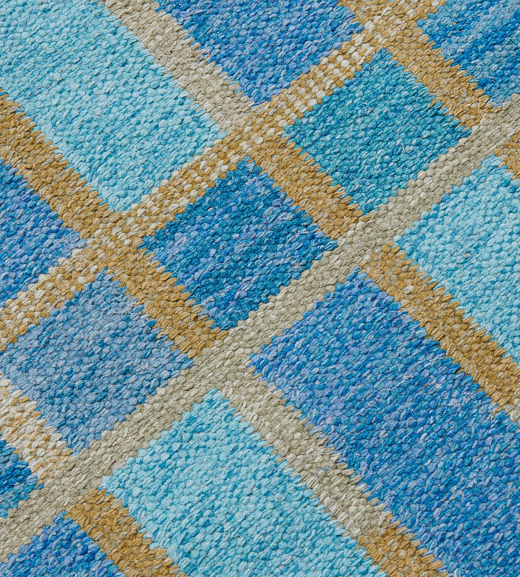 Hand-Knotted Blue Handwoven Swedish-Inspired Flatweave Wool Rug For Sale