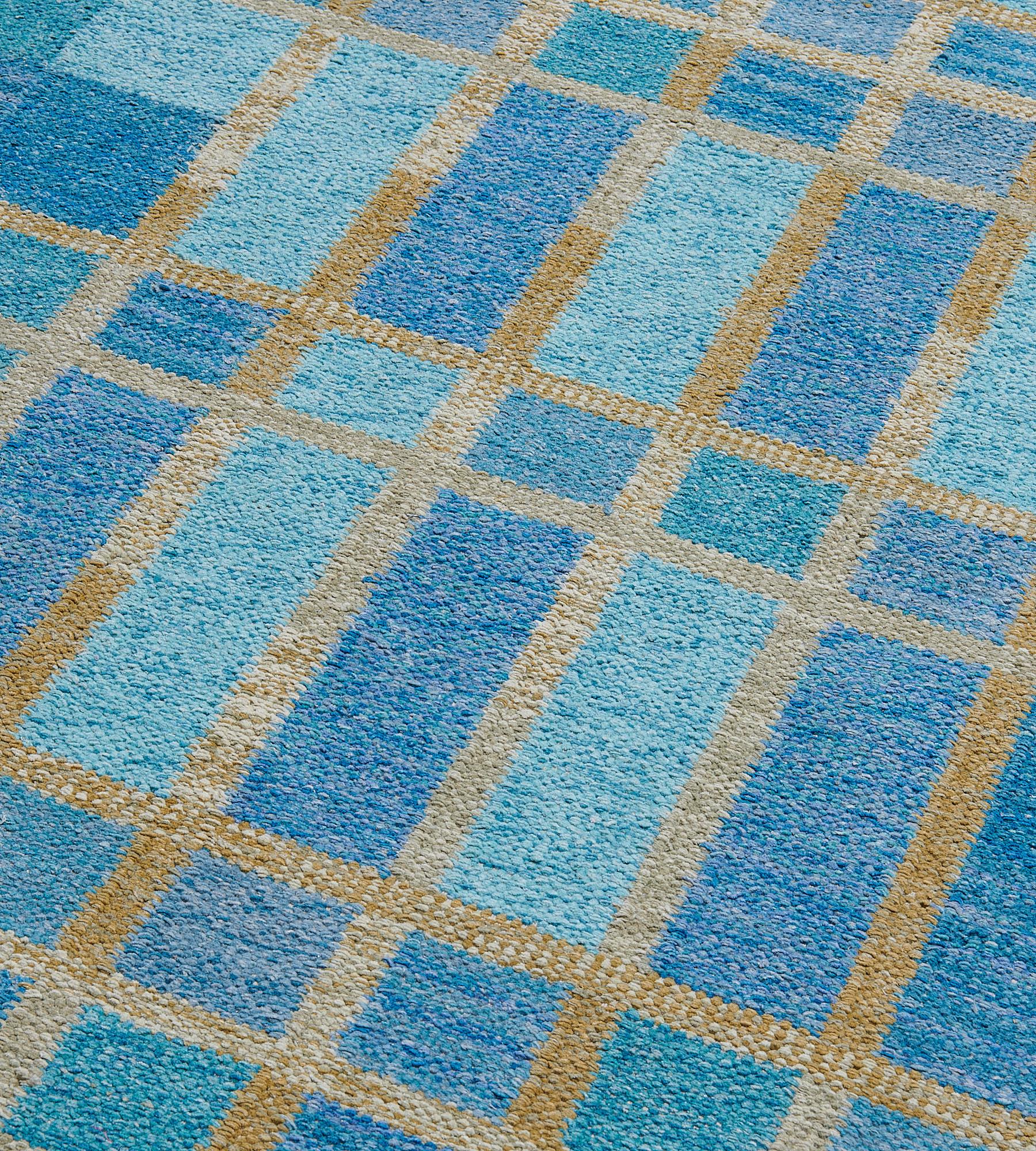 Blue Handwoven Swedish-Inspired Flatweave Wool Rug In New Condition For Sale In West Hollywood, CA