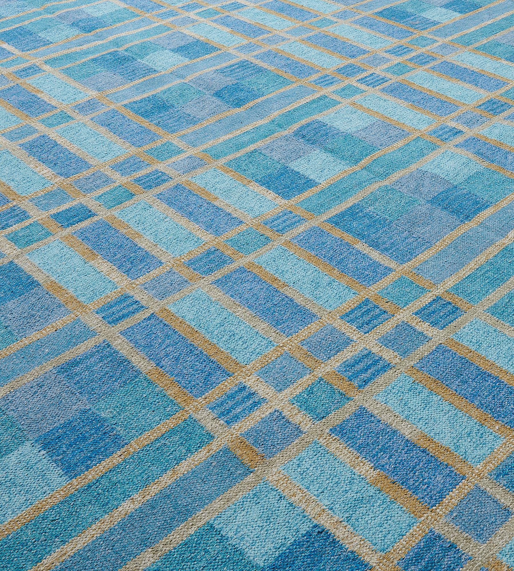 Contemporary Blue Handwoven Swedish-Inspired Flatweave Wool Rug For Sale