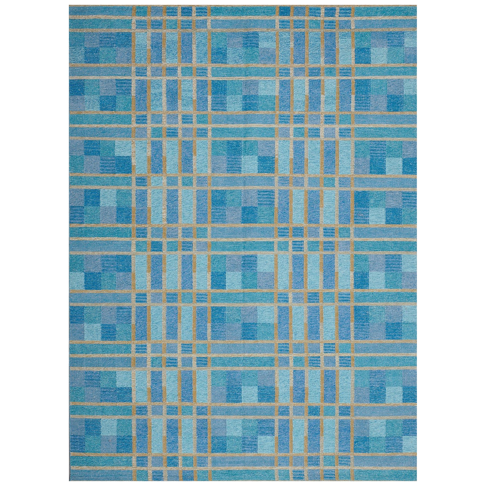 Tappeto blu in lana a trama piatta intrecciata a mano di ispirazione svedese