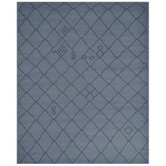 Tapis bleu en laine tissé à la main d'inspiration marocaine à tissage plat