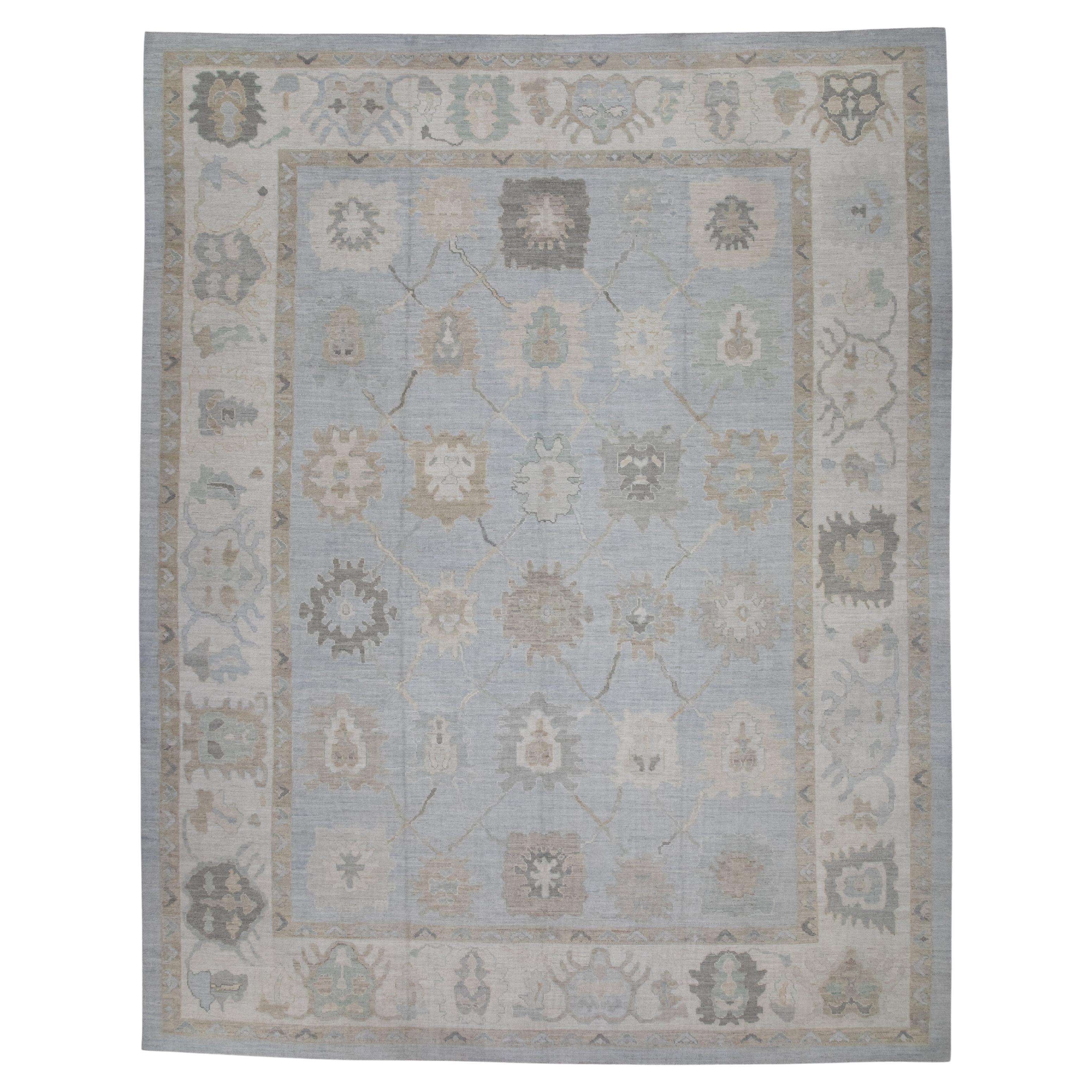 Blue Handwoven Wool Turkish Oushak Rug 12'1" X 15'4" For Sale