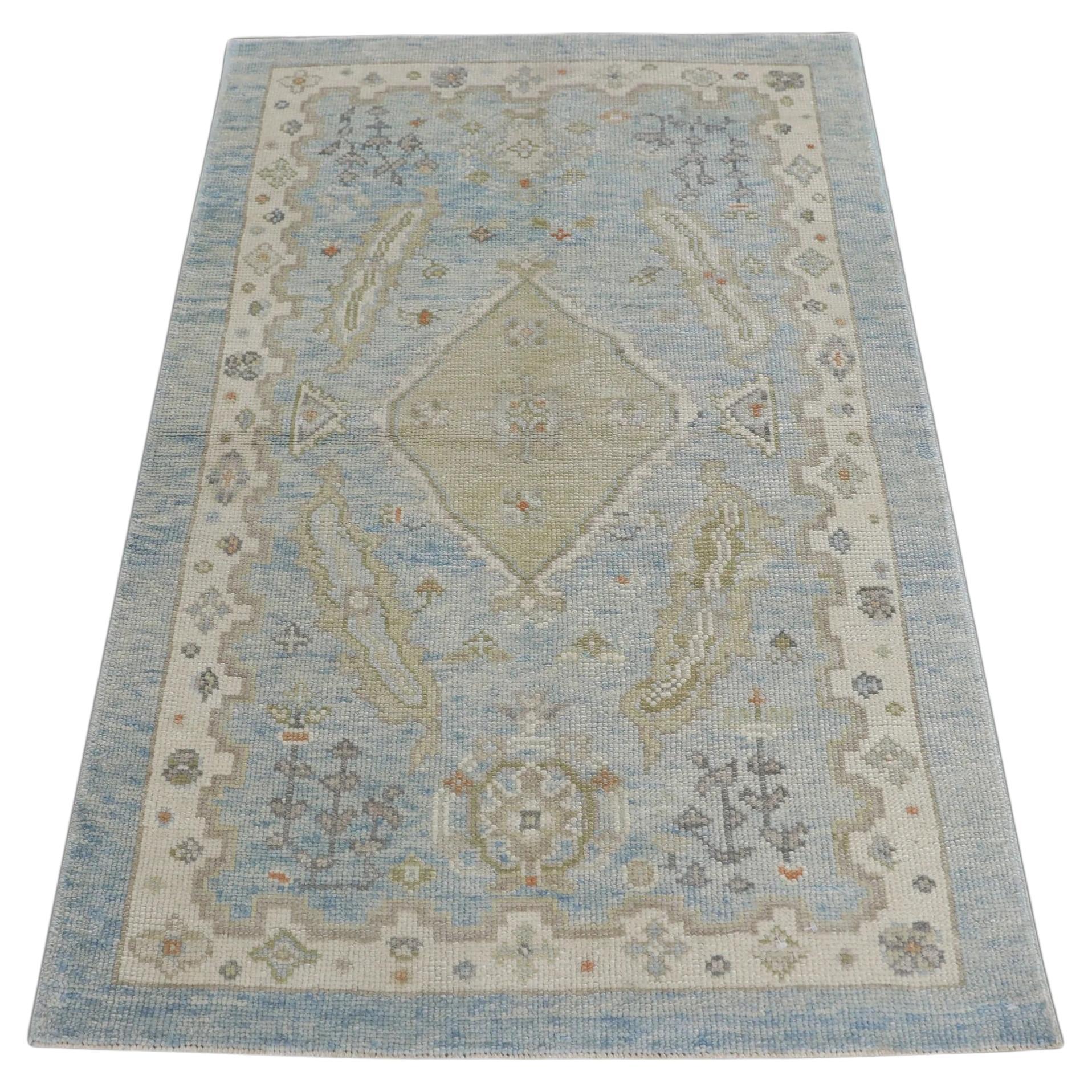 Blue Handwoven Wool Turkish Oushak Rug 3'3" x 5'4" For Sale