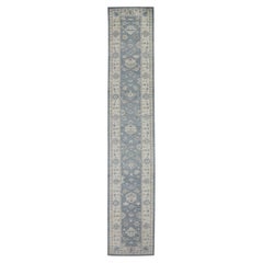 Tapis de couloir turc Oushak en laine bleue tissée à la main 3'3" X 17'7"