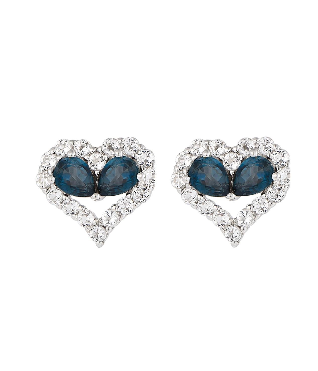 Natural London Topaz: Pear shape, size 3x4mm each

Natural White Topaz: Round shape, size 1.5mm each

Sterling silver with rhodium plated 

These Blue Heart Earrings feature the  beauty of natural gemstones. The centerpiece is a pear-shaped Natural