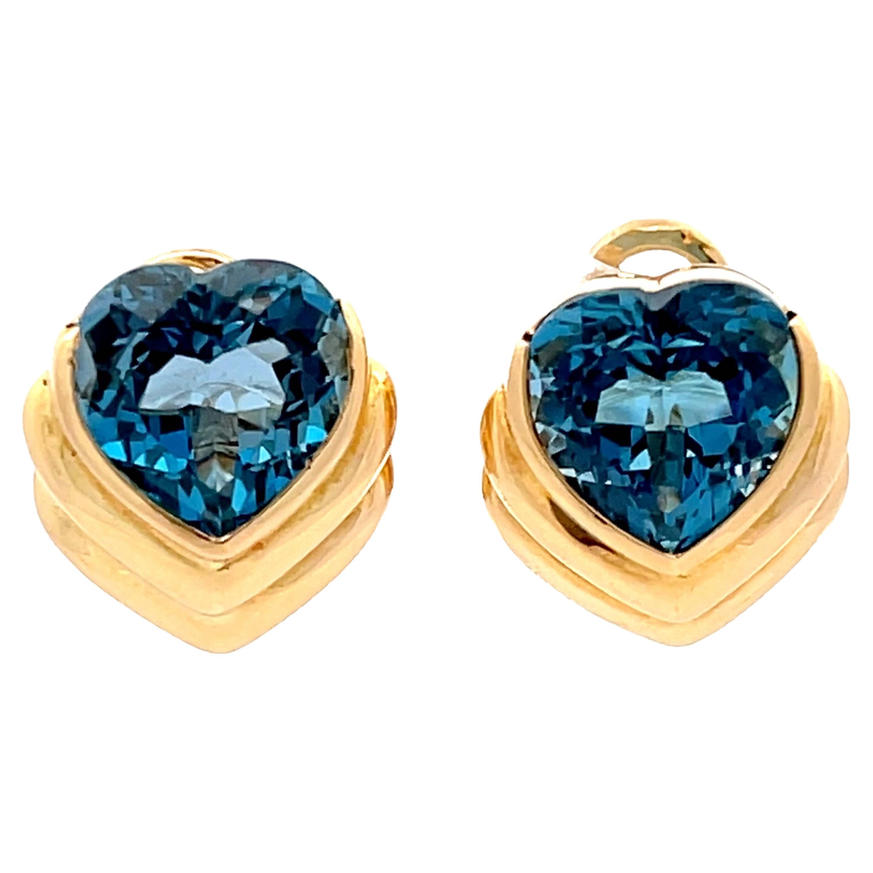 Blue Heart Shaped Topaz Earrings in 18k Yellow Gold For Sale