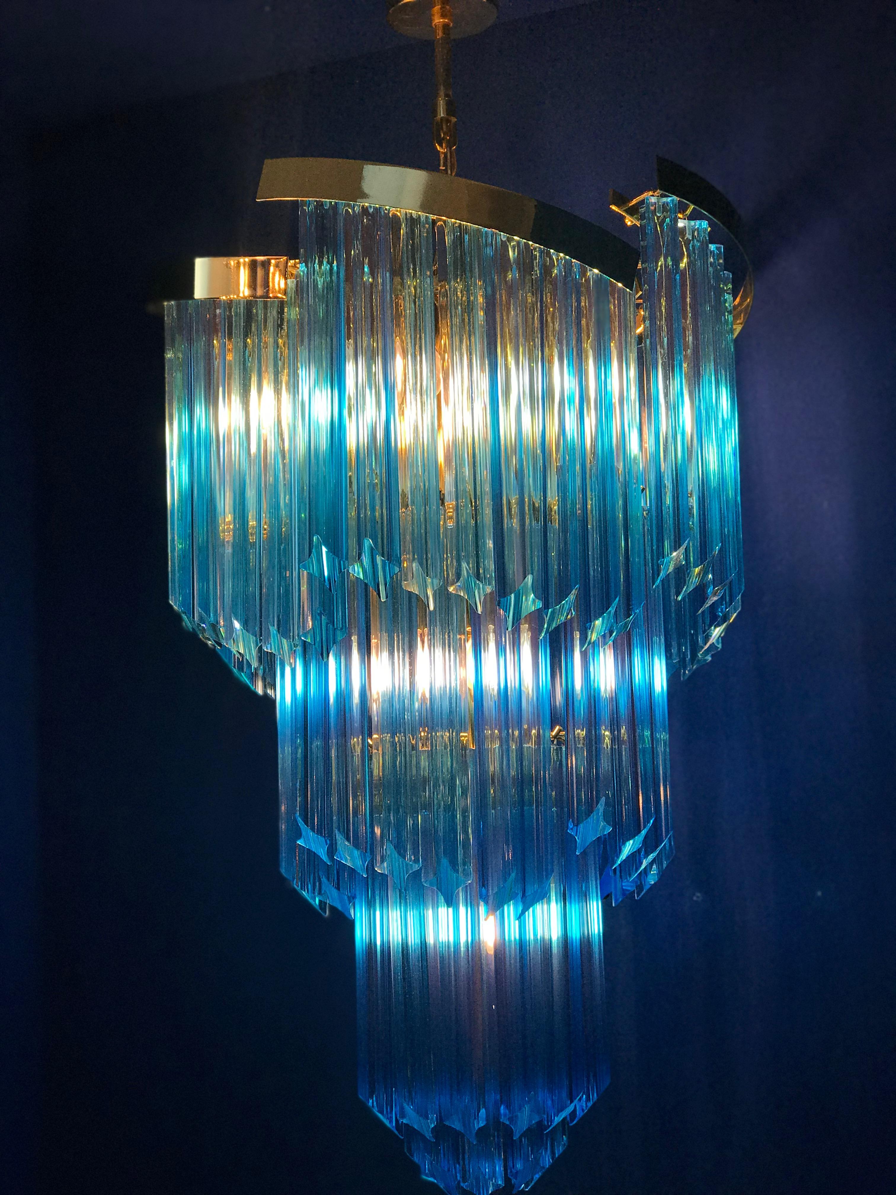 Italian Blue Heavenly Murano Prism Chandelier with Golden Frame, circa 2000