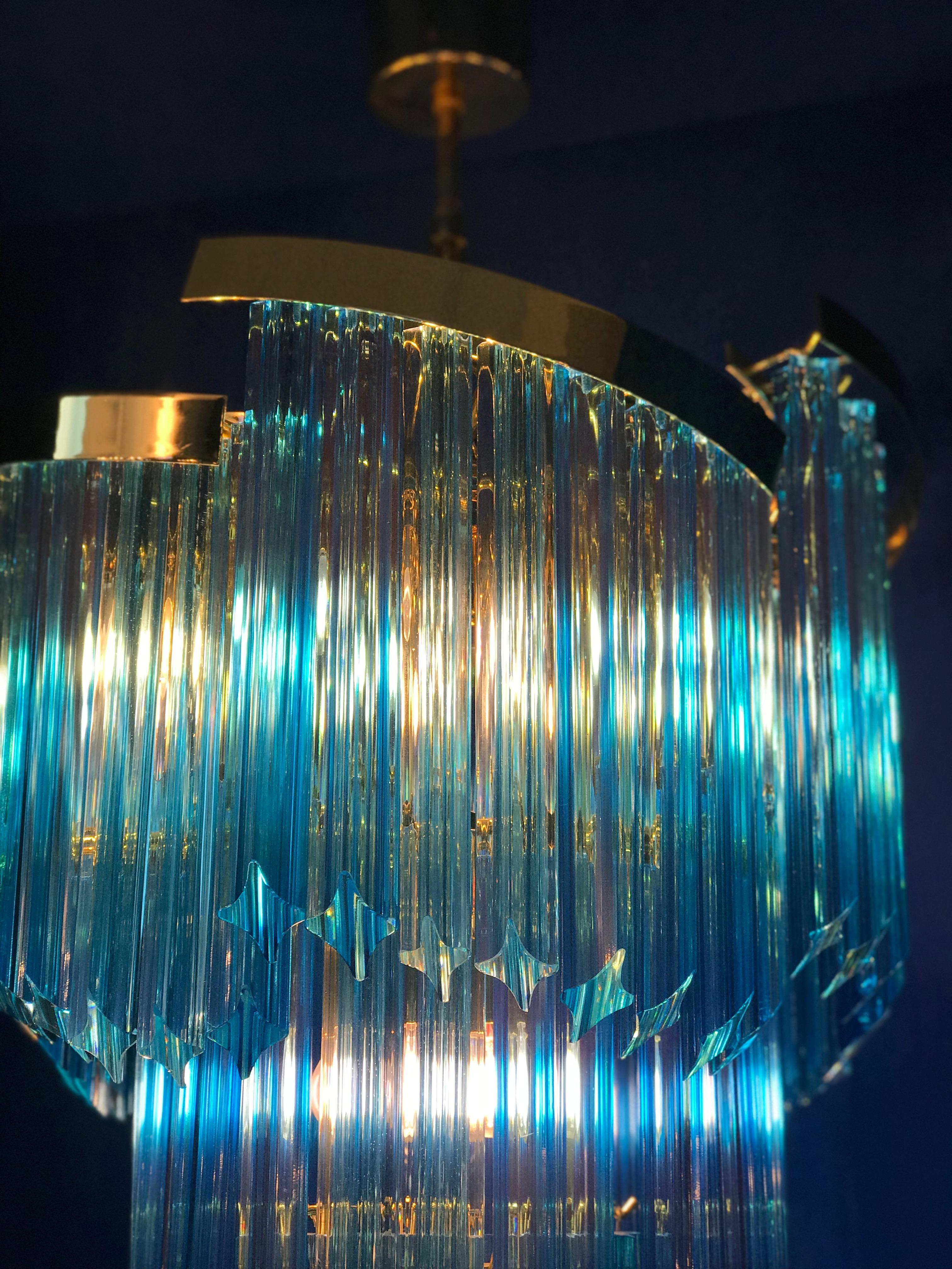Cut Glass Blue Heavenly Murano Prism Chandelier with Golden Frame, circa 2000