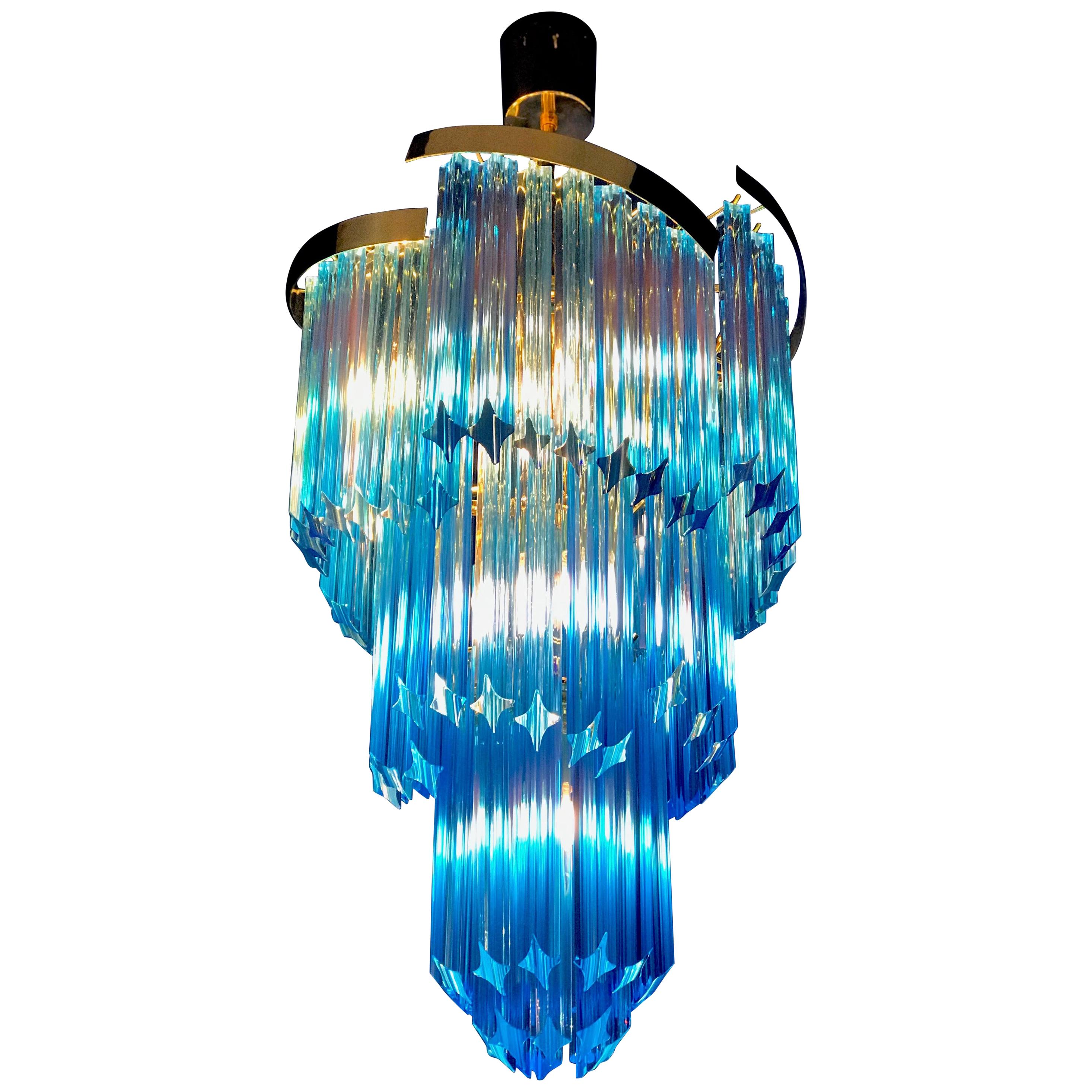 Blue Heavenly Murano Prism Chandelier with Golden Frame, circa 2000