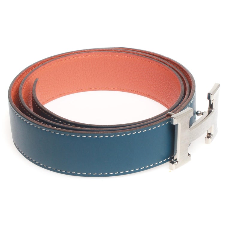 Blue Hermes belt size 90 with larger silver H in box For Sale at 1stdibs