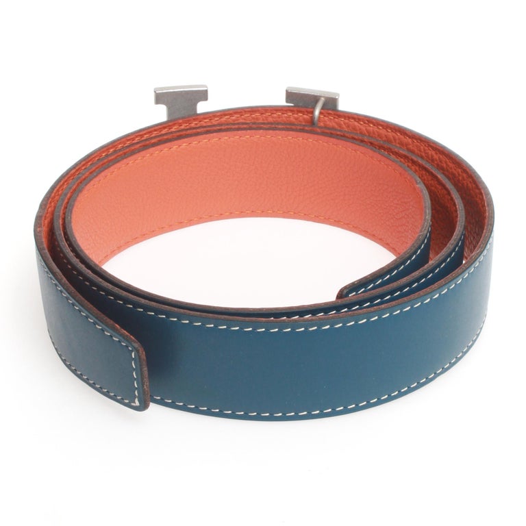 Blue Hermes belt size 90 with larger silver H in box For Sale at 1stdibs