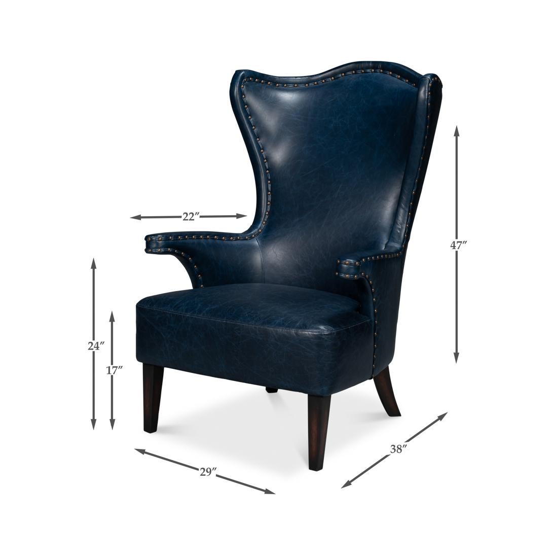 Blue High Back Leather Wing Chair For Sale 4