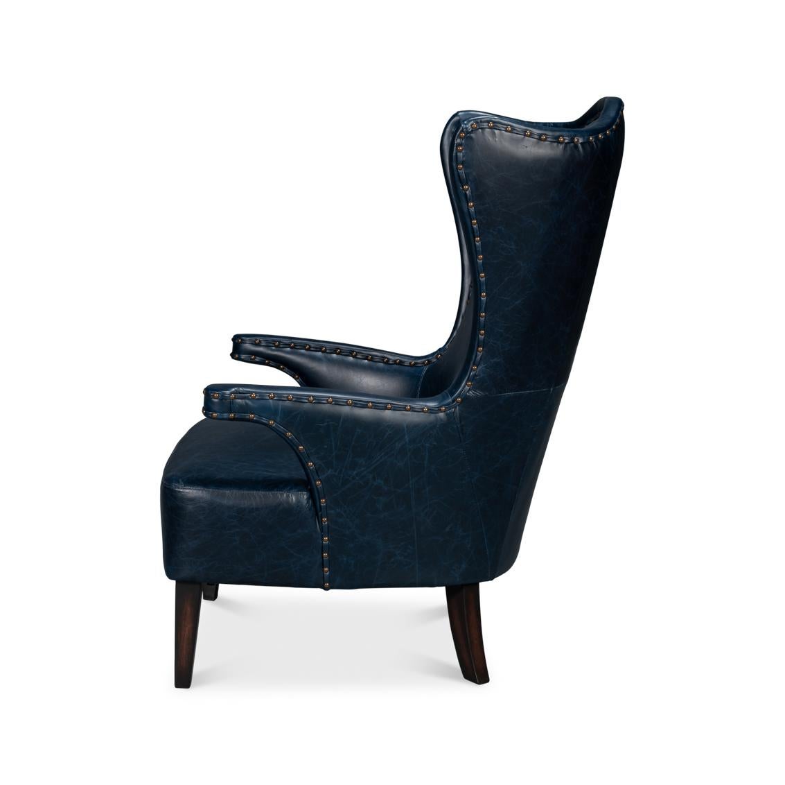 American Classical Blue High Back Leather Wing Chair For Sale