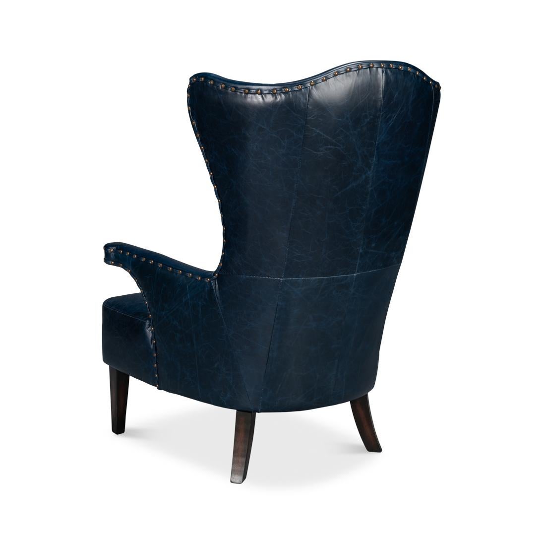 Asian Blue High Back Leather Wing Chair For Sale