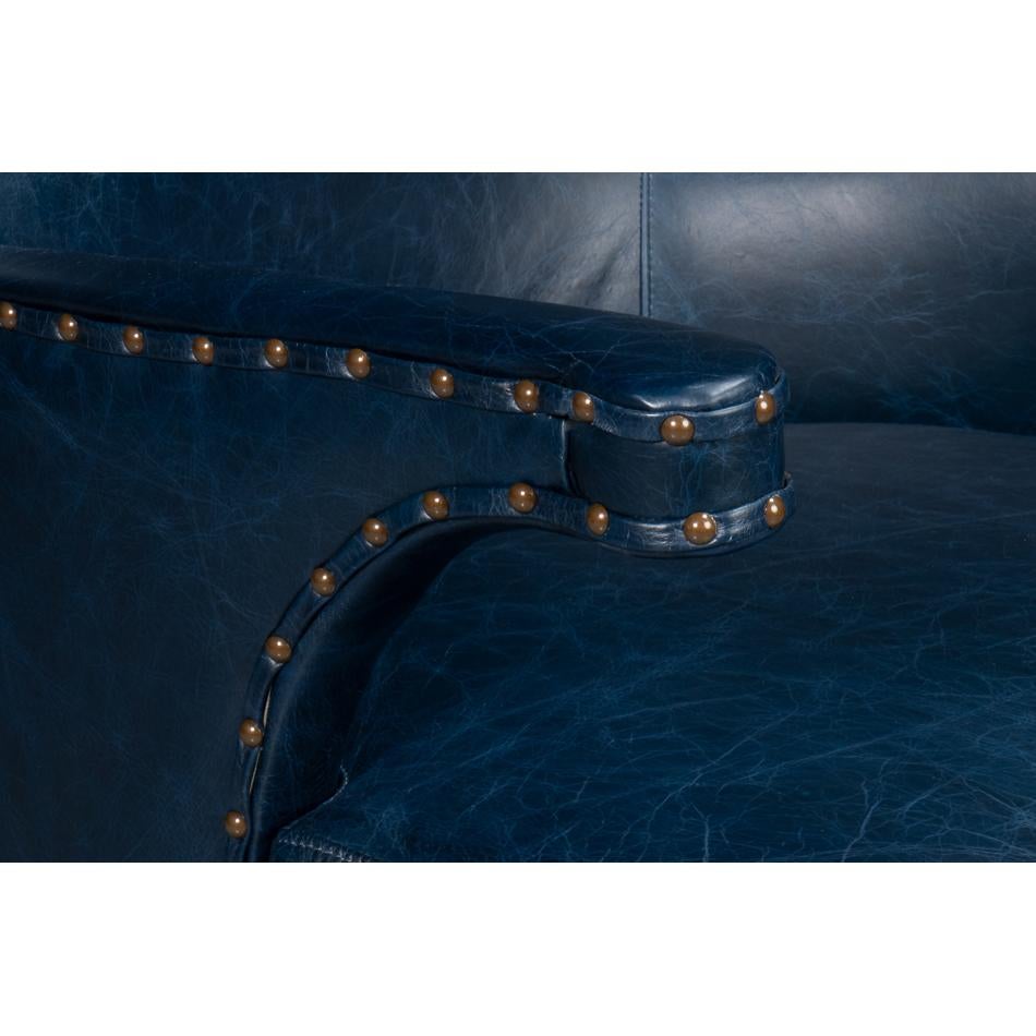 Blue High Back Leather Wing Chair In New Condition For Sale In Westwood, NJ