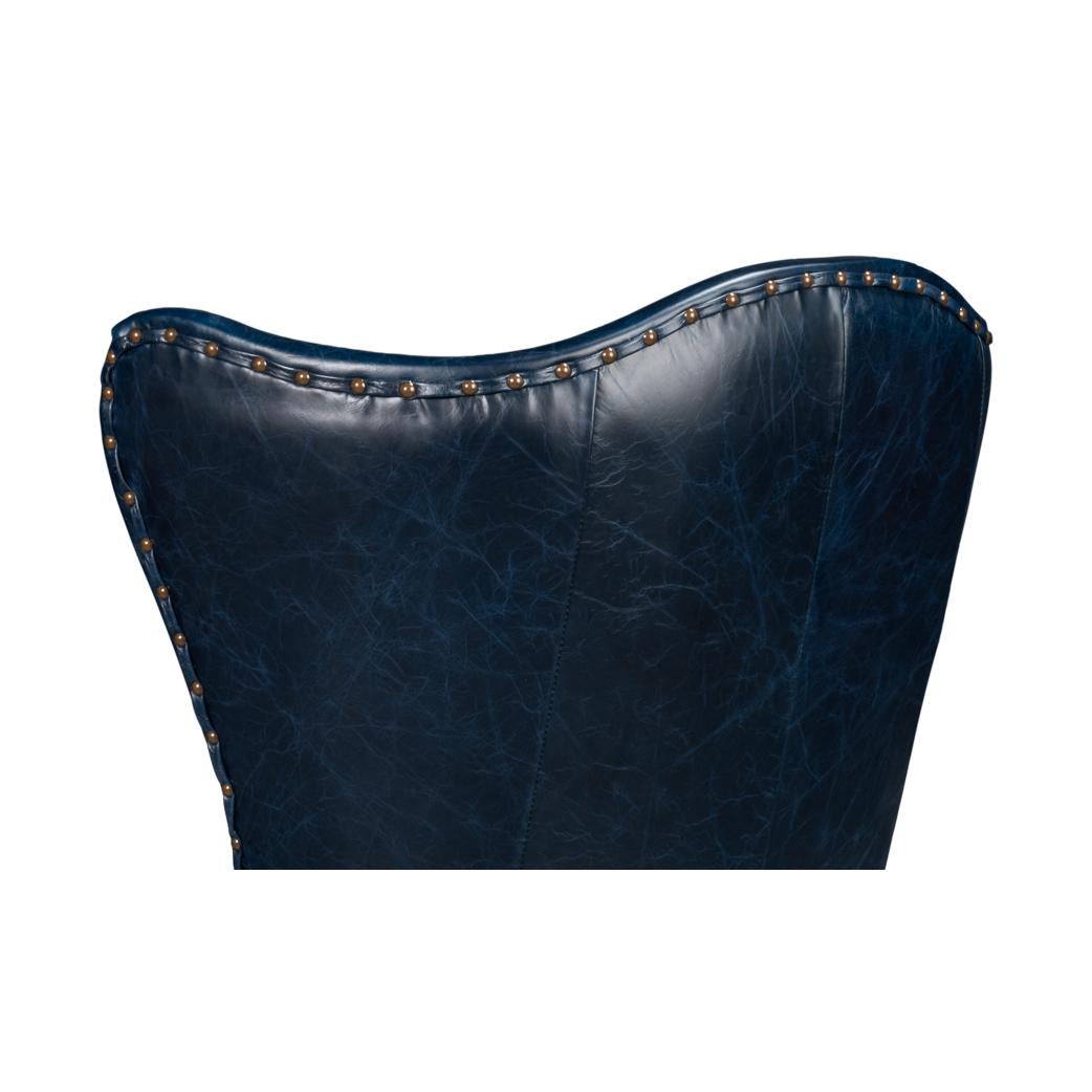 Contemporary Blue High Back Leather Wing Chair For Sale