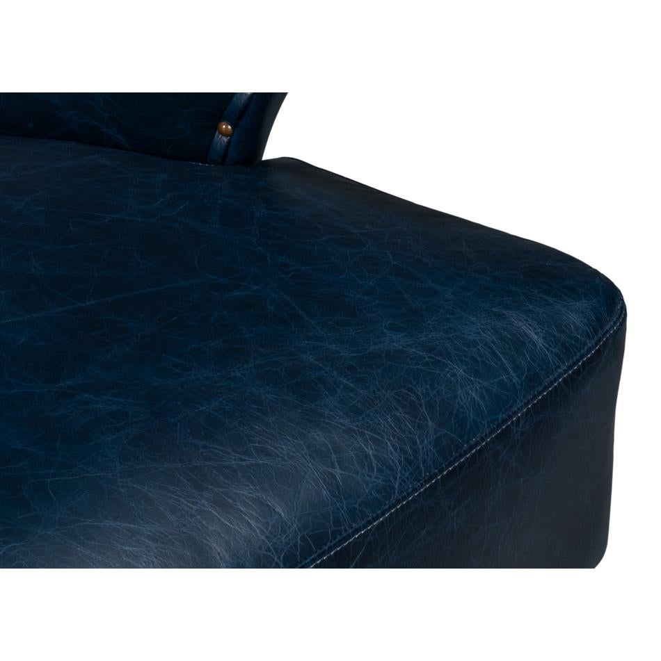 Blue High Back Leather Wing Chair For Sale 2