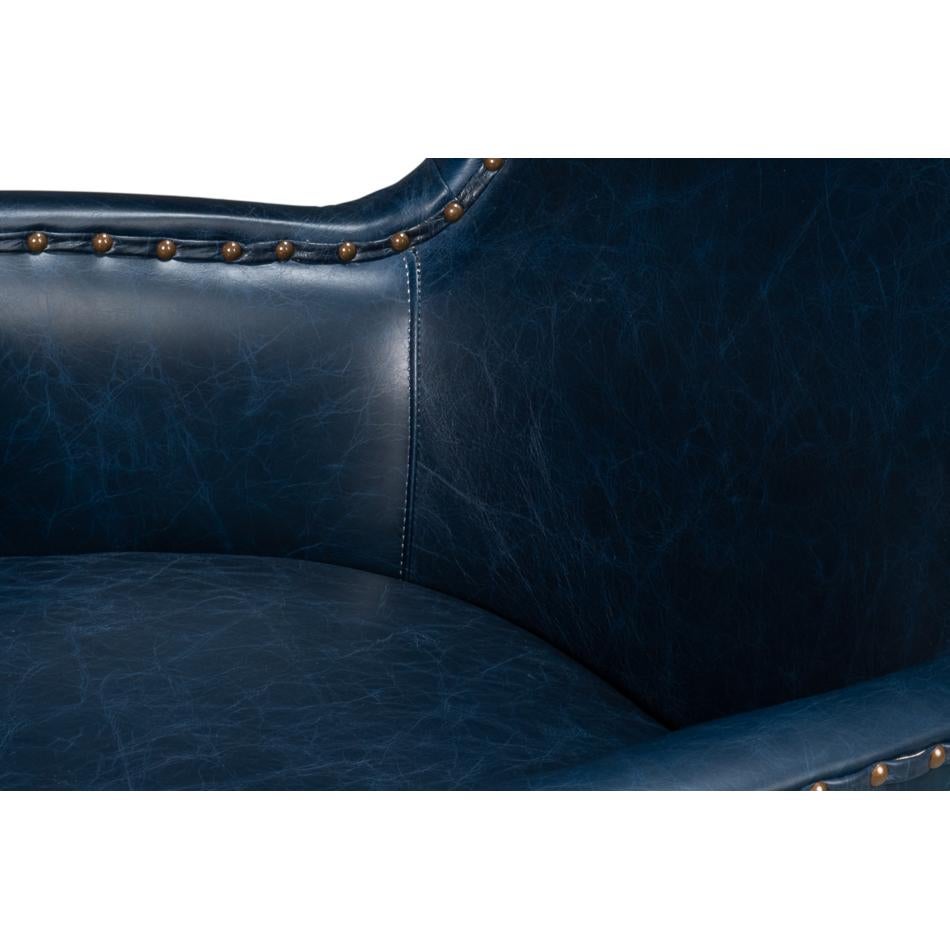 Blue High Back Leather Wing Chair For Sale 3