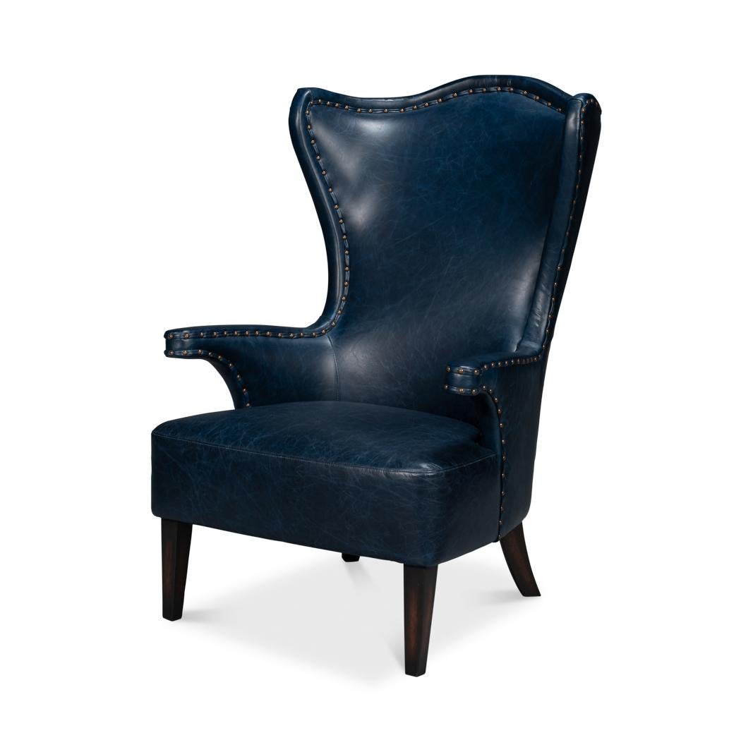 Blue High Back Leather Wing Chair