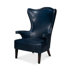Blue High Back Leather Wing Chair