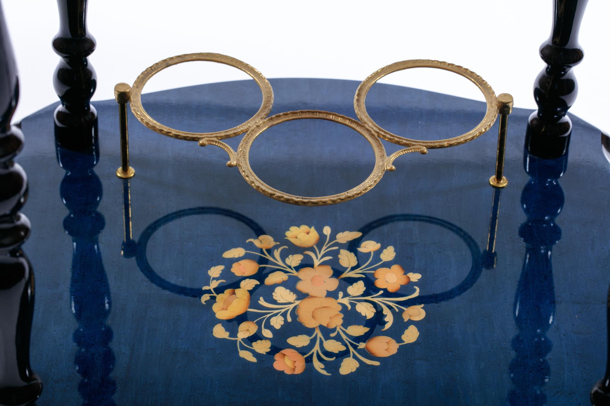 Blue Hollywood Regency Bar Cart with Floral Inlay & Brass Details Made in Italy 2