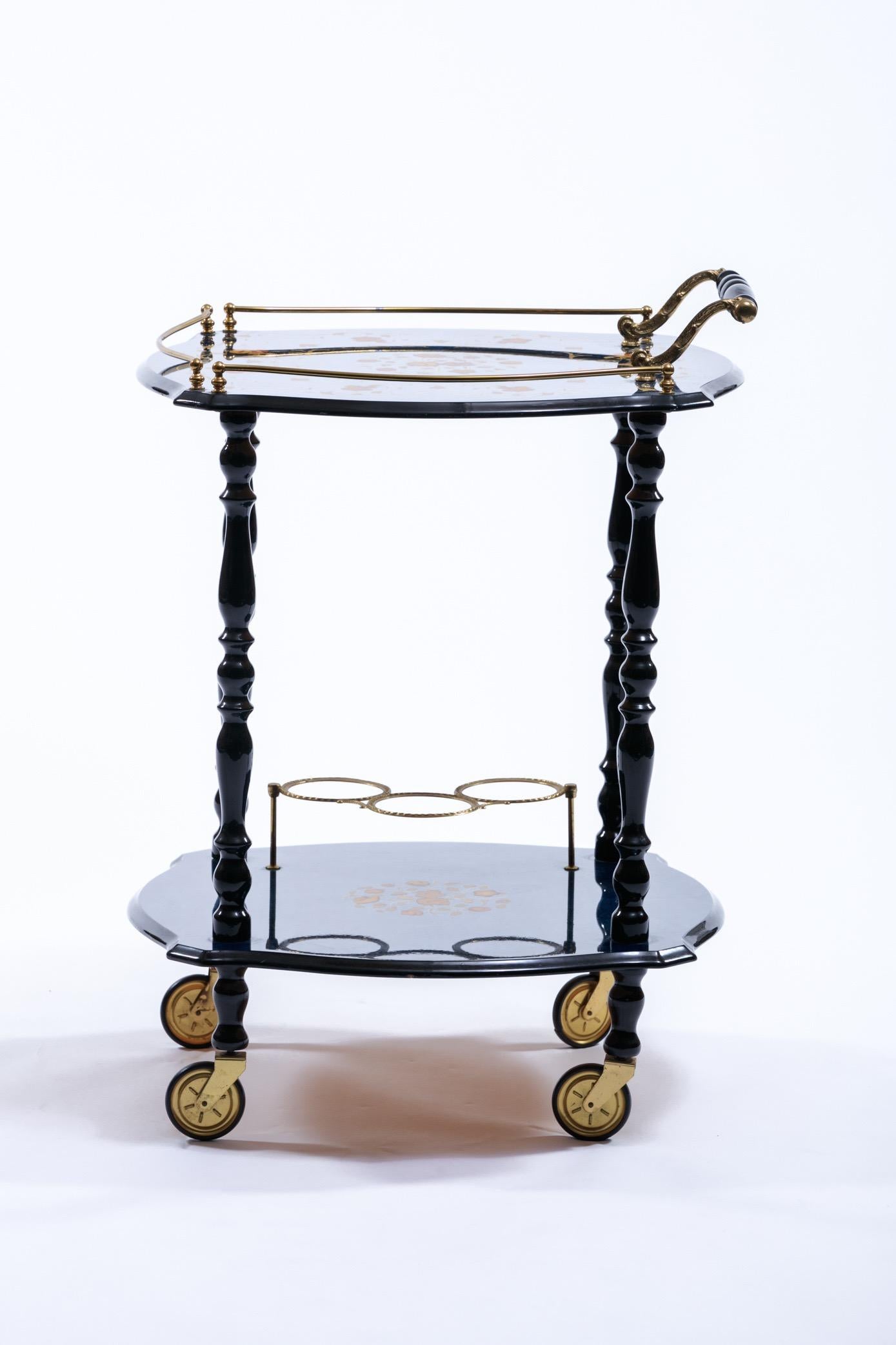 Blue Hollywood Regency Bar Cart with Floral Inlay & Brass Details Made in Italy 5