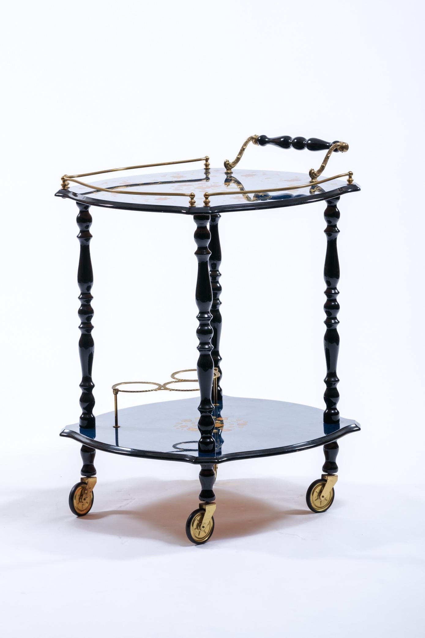 Blue Hollywood Regency Bar Cart with Floral Inlay & Brass Details Made in Italy 6