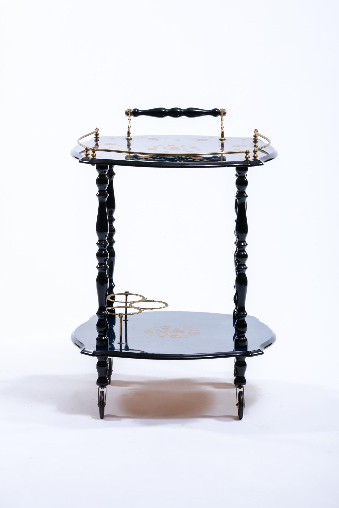 Blue Hollywood Regency Bar Cart with Floral Inlay & Brass Details Made in Italy 7