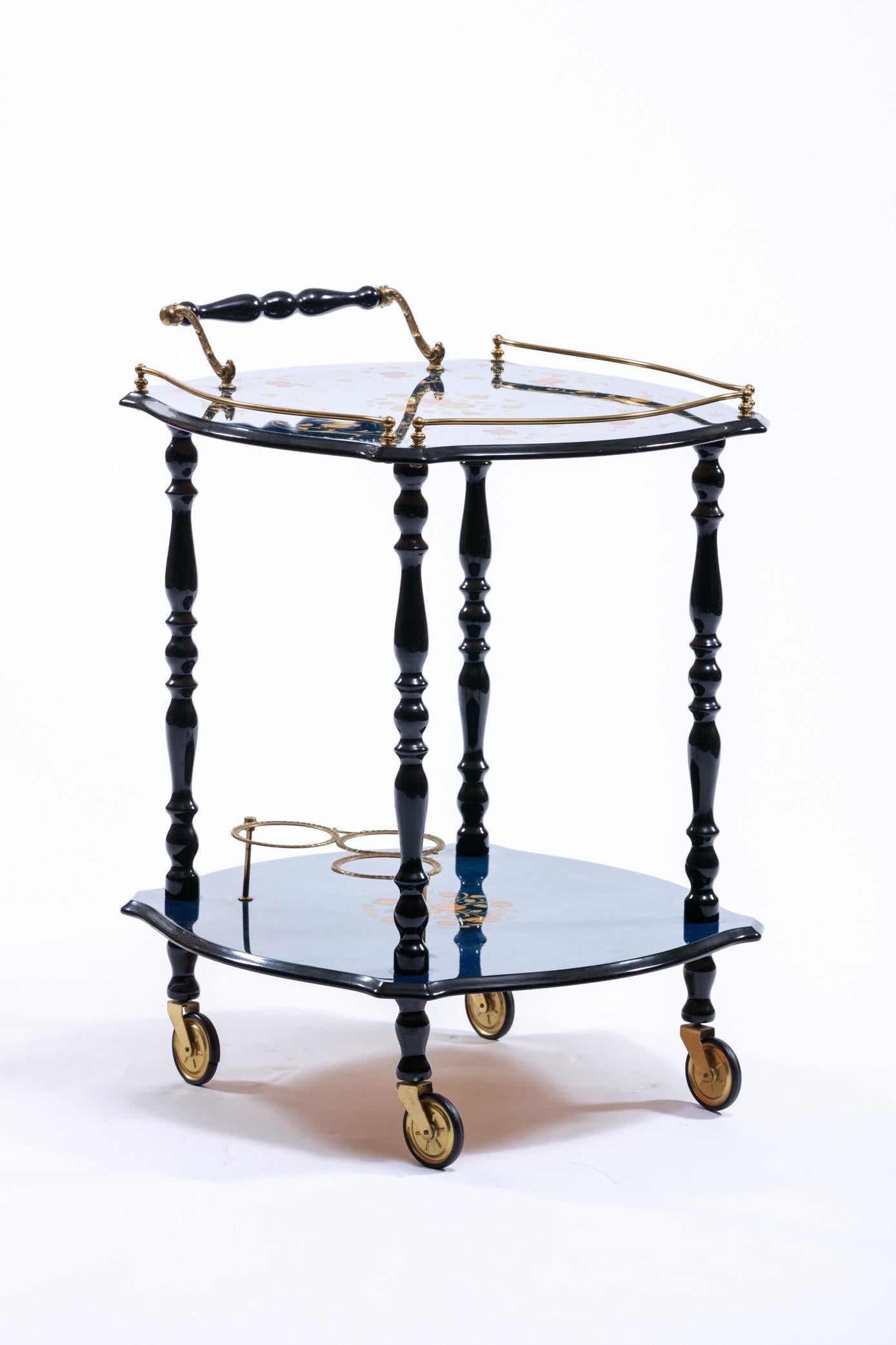 Blue Hollywood Regency Bar Cart with Floral Inlay & Brass Details Made in Italy 8